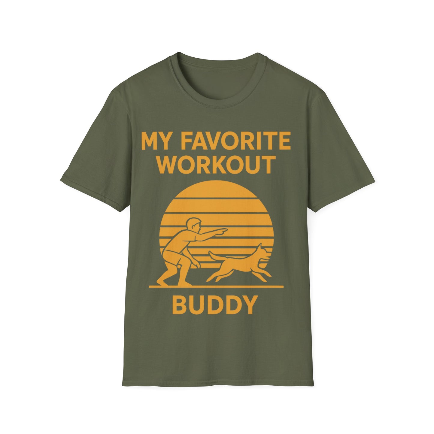 My Favorite Workout Buddy T-Shirt – Dog Lover Gift Tee – Sunset Gold Line Art Design – Playing Fetch Graphic – Motivational Dog Shirt – Gildan 64000 Unisex, Adult Unisex T-Shirt