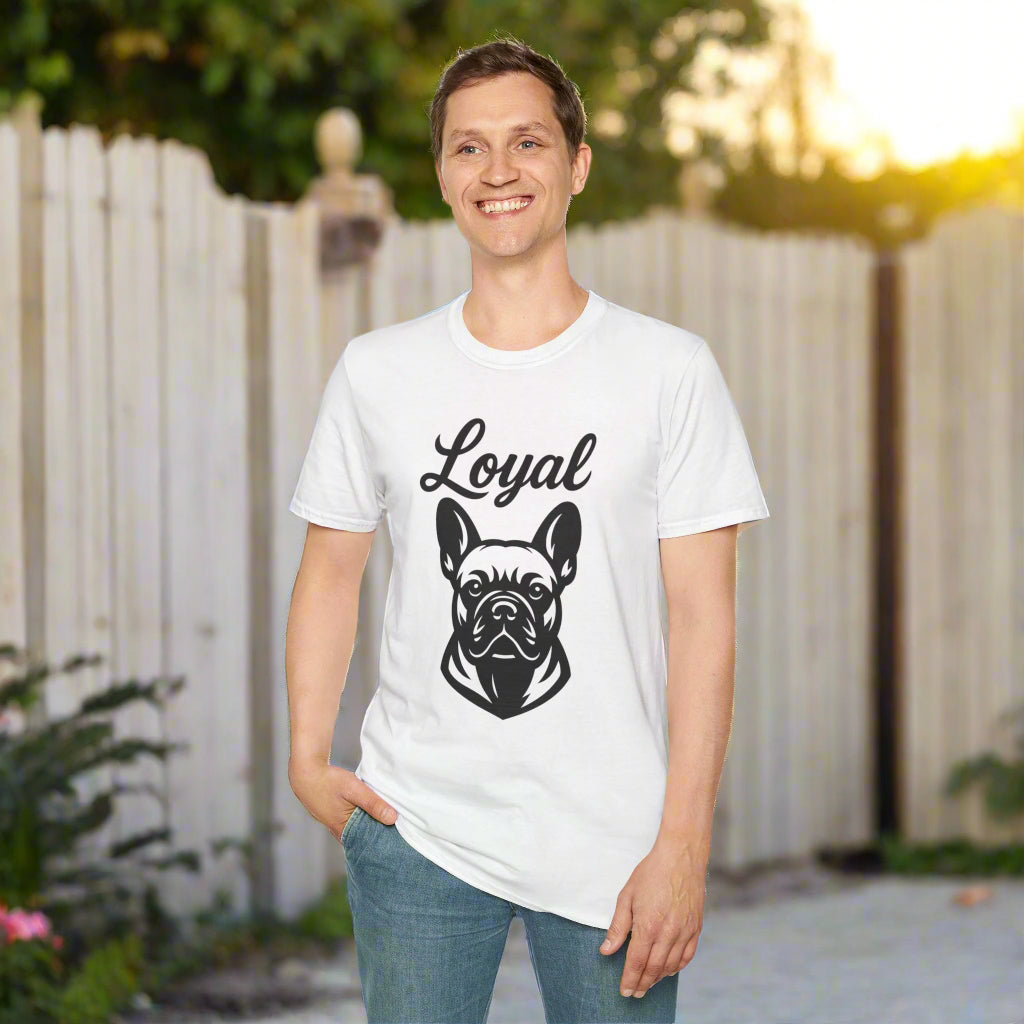 French Bulldog t-shirt, man wearing it, facing forward, white background