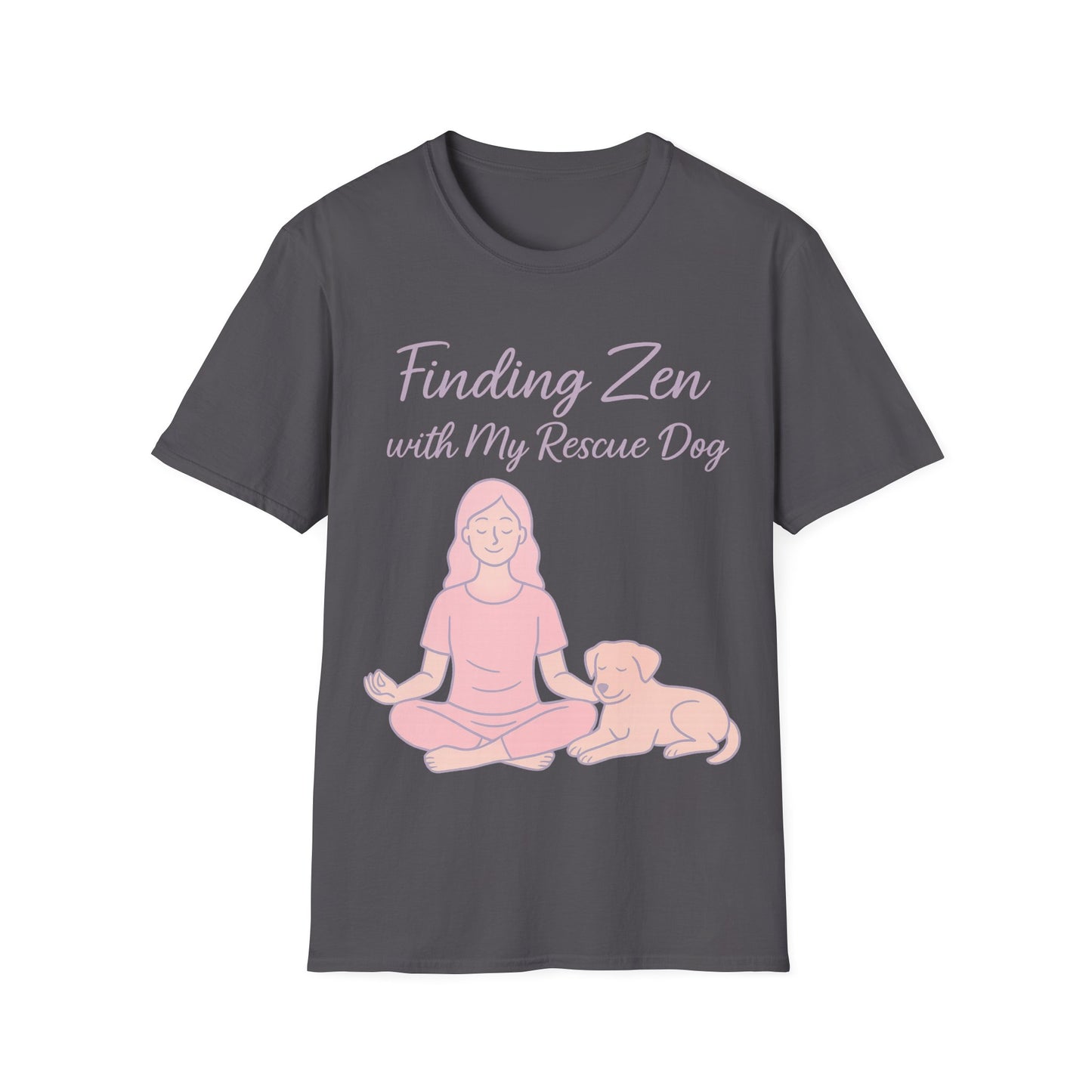 Finding Zen with My Rescue Dog – Calm Dog Mom Shirt in Blush Pink Lettering | Mental Health Rescue Tee, Adult Unisex T-Shirt
