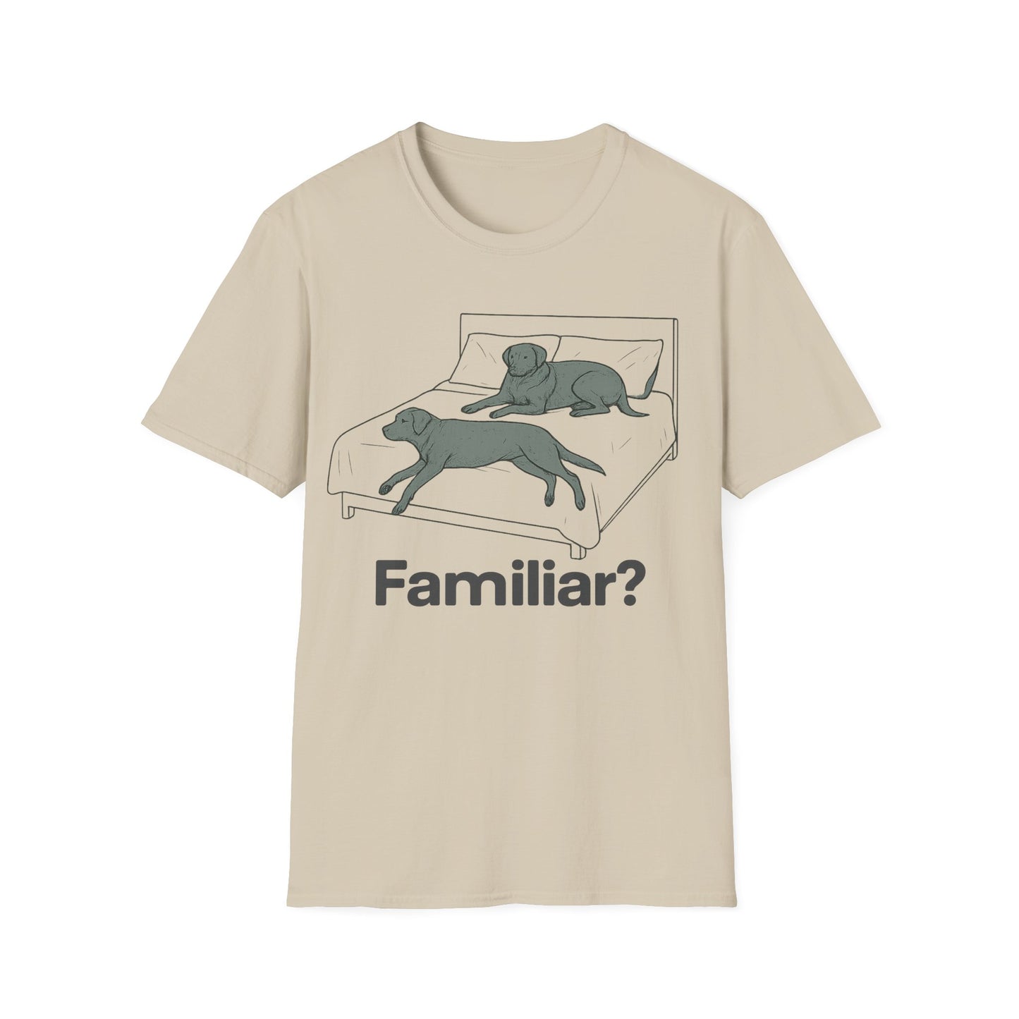 Familiar? Rescue Dog Bed Takeover T-Shirt | Funny Pitbull Dog Lover Gift | Adopted & Adored Apparel, Adult Unisex T-Shirt