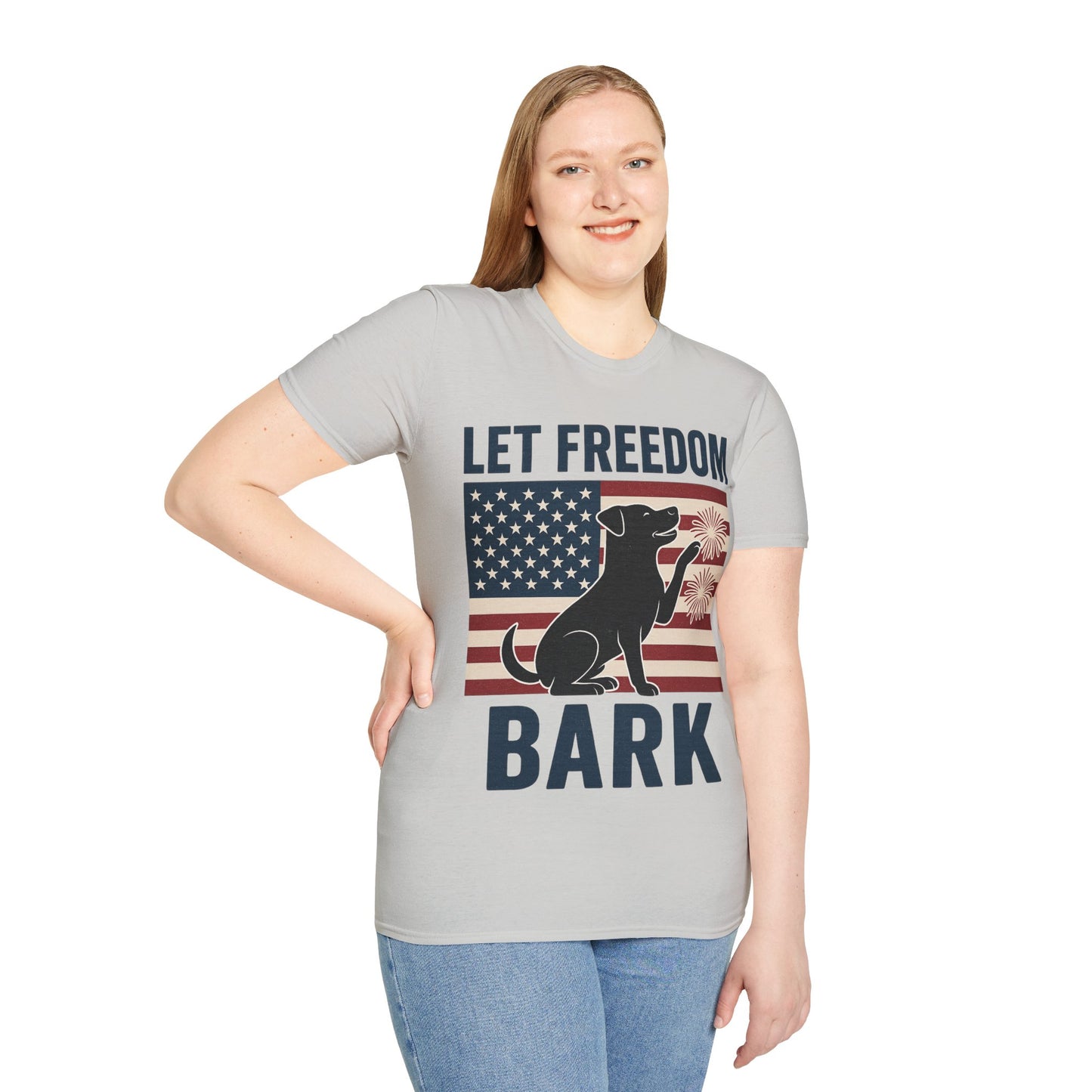 Let Freedom Bark Patriotic Dog T-Shirt | Fourth of July Rescue Tee | USA Flag Fireworks Dog Lover T-Shirt | Animal Adoption Apparel | Independence Day Dog Shirt | Gildan 64000 Unisex Soft Cotton T-Shirt for Pet Parents, Adult Unisex T-Shirt