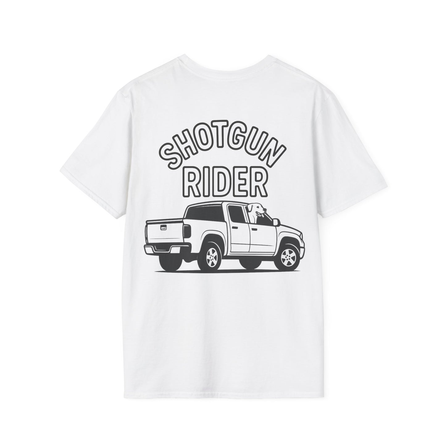 "Shotgun Rider" graphic t-shirt featuring a rugged pickup truck with a loyal dog riding passenger. Bold, vintage-style design printed in dark ink on a white Bella + Canvas t-shirt. Perfect for dog lovers who ride with their best friend everywhere.