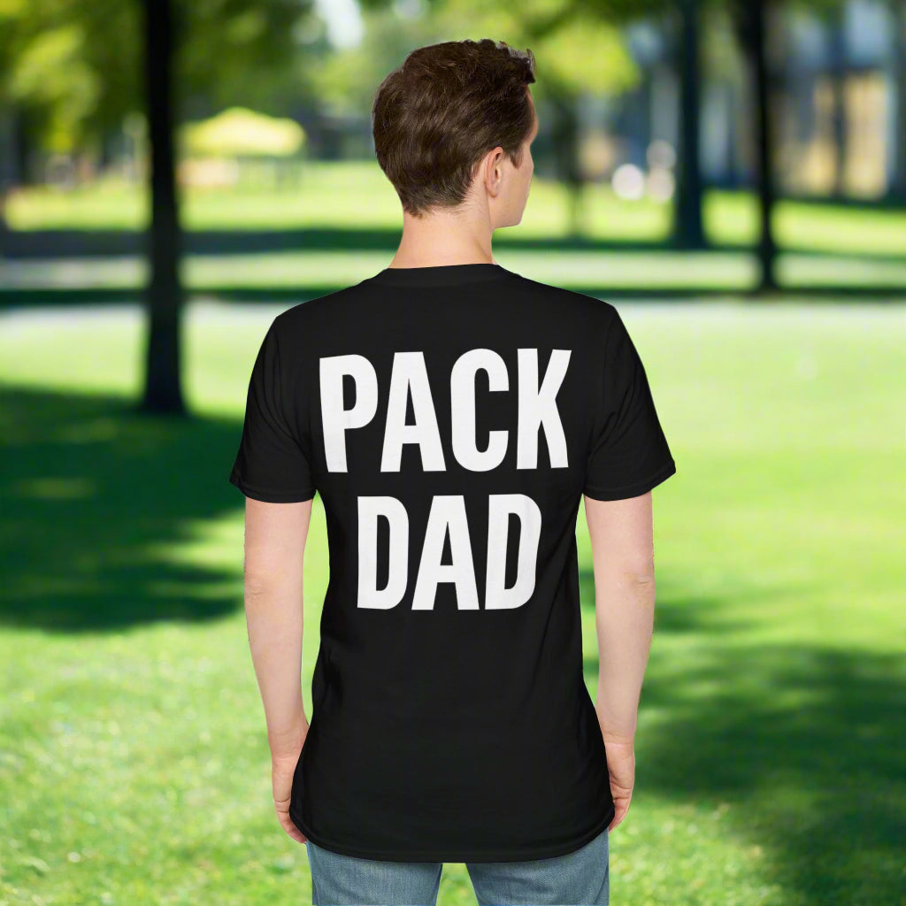 Pack Dad T-shirt with bold white back print on black tee – rescue dog dad apparel by Adopted and Adored Apparel