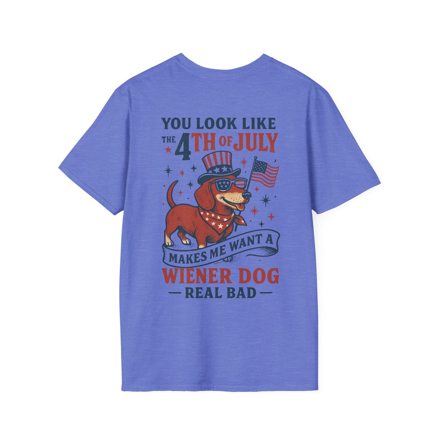 You Look Like the 4th of July Funny Wiener Dog T-Shirt – Patriotic Dachshund Shirt for Dog Lovers | Adopted and Adored Logo Front | July 4th Humor Tee, Adult Unisex T-Shirt