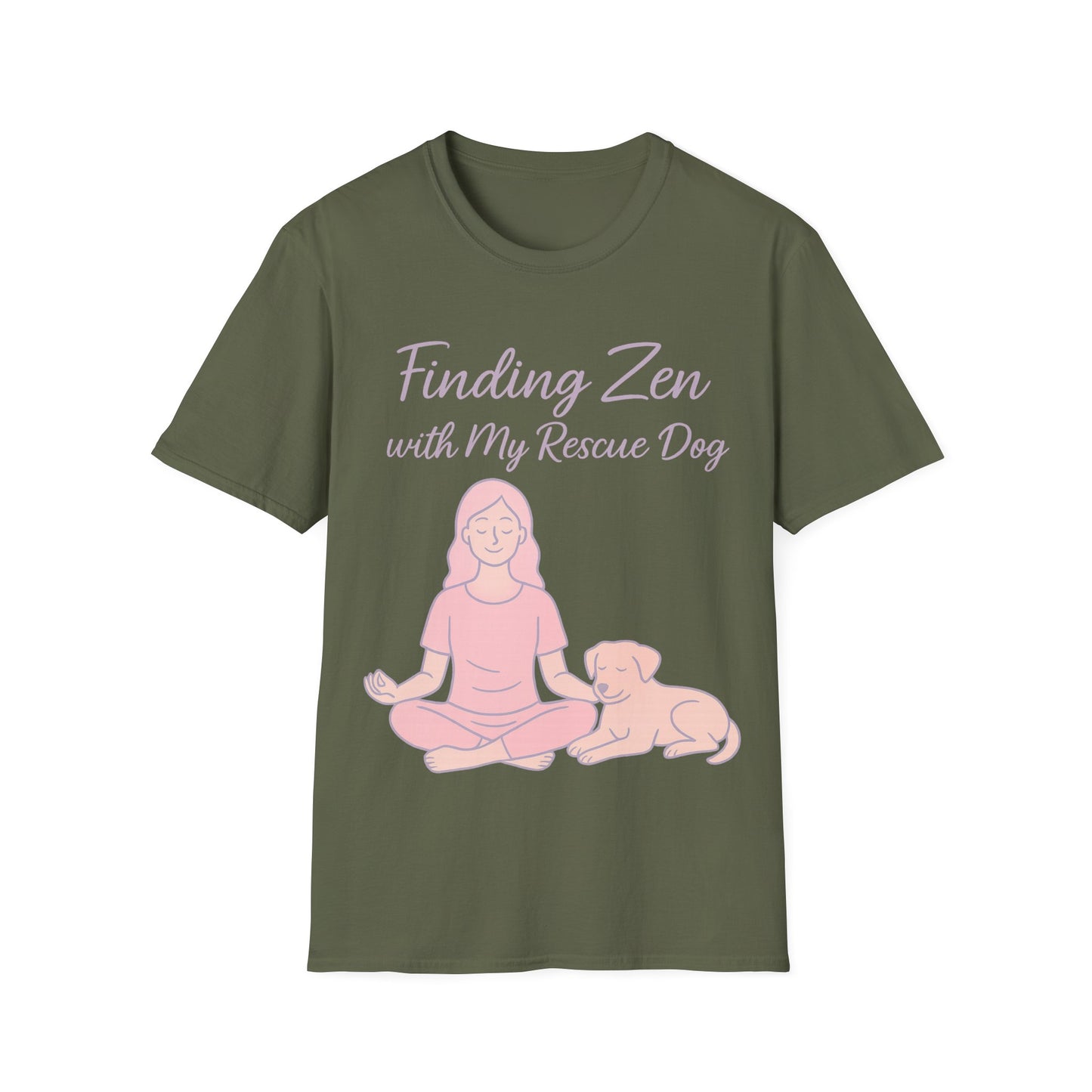 Finding Zen with My Rescue Dog – Calm Dog Mom Shirt in Blush Pink Lettering | Mental Health Rescue Tee, Adult Unisex T-Shirt
