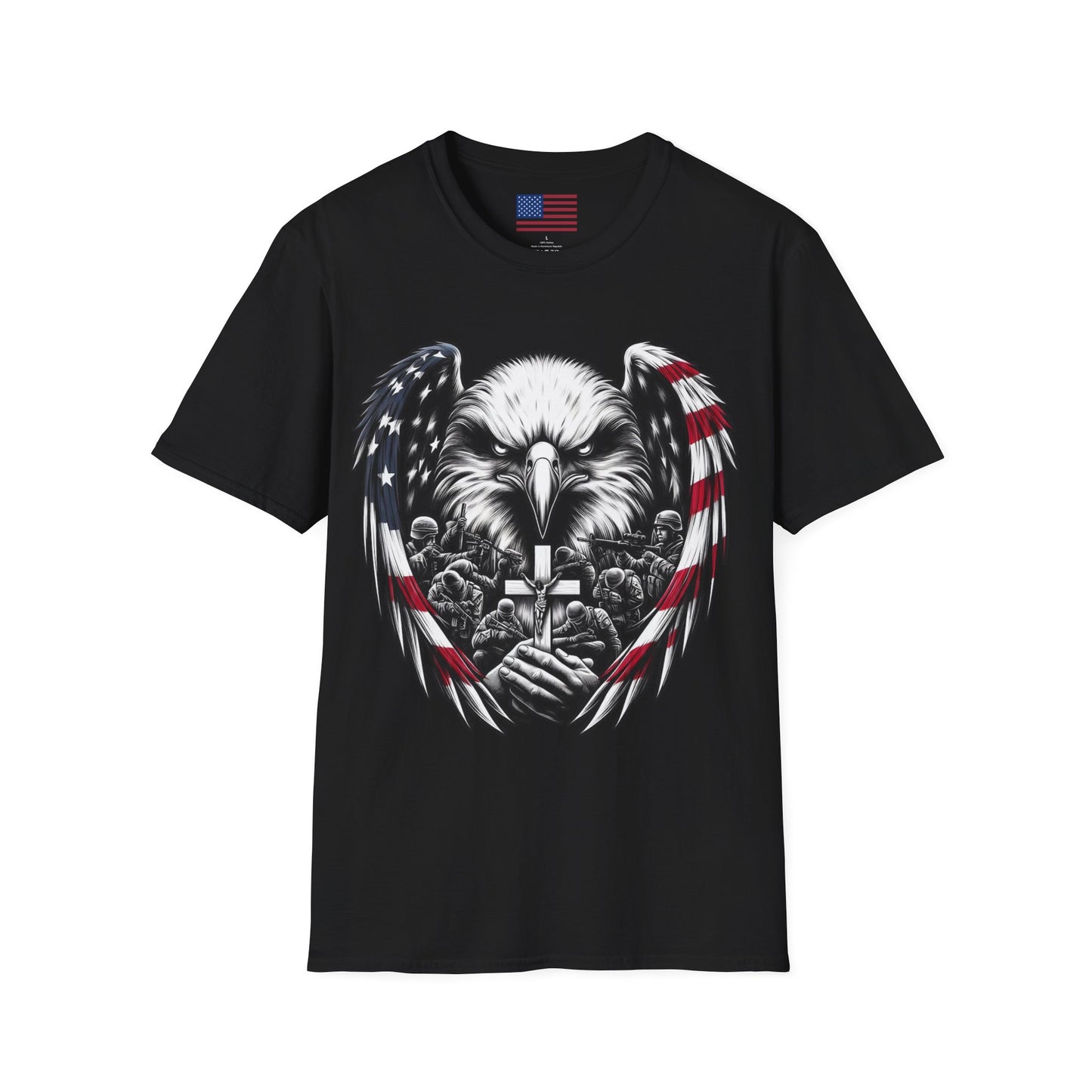 Faith and Freedom Eagle Cross T-Shirt – Front and Back USA Flag Pitty on back - American Flag Wings, Soldier Prayer Graphic, Patriotic Christian Memorial Shirt adult unisex