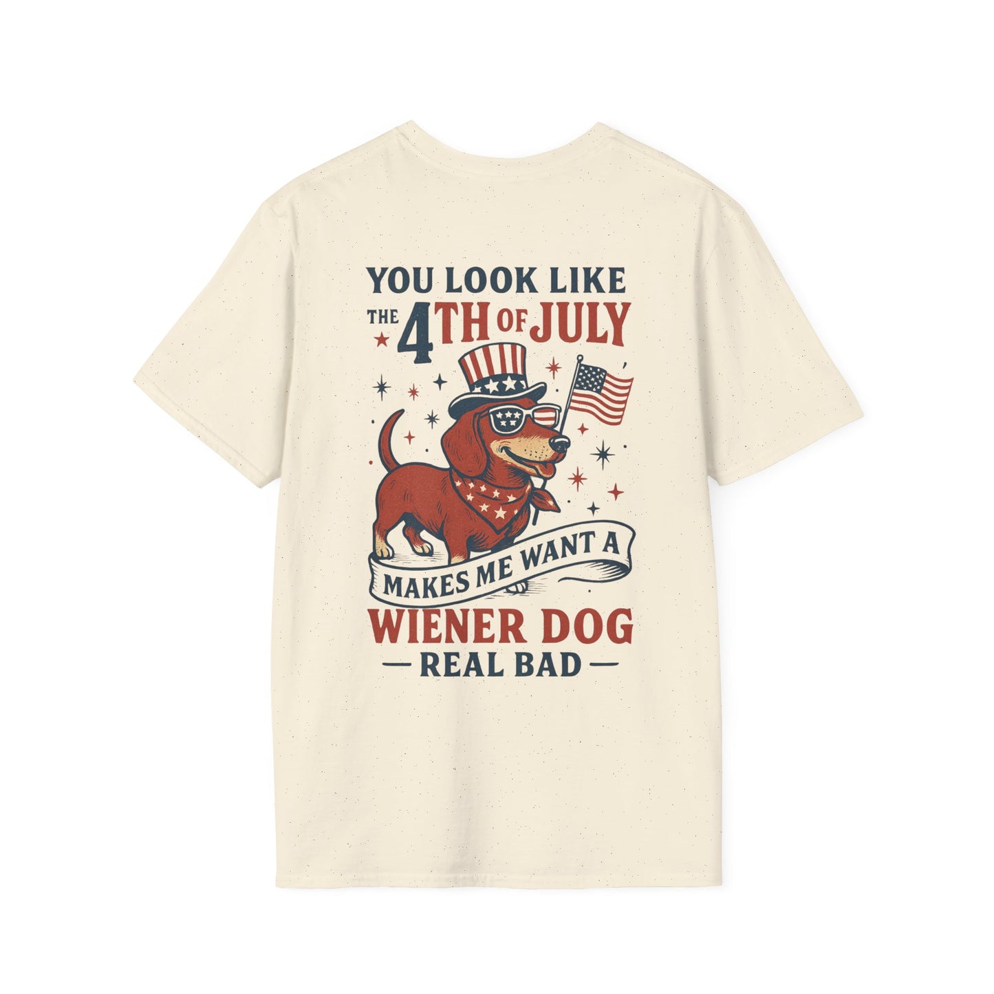 You Look Like the 4th of July Funny Wiener Dog T-Shirt – Patriotic Dachshund Shirt for Dog Lovers | Adopted and Adored Logo Front | July 4th Humor Tee, Adult Unisex T-Shirt