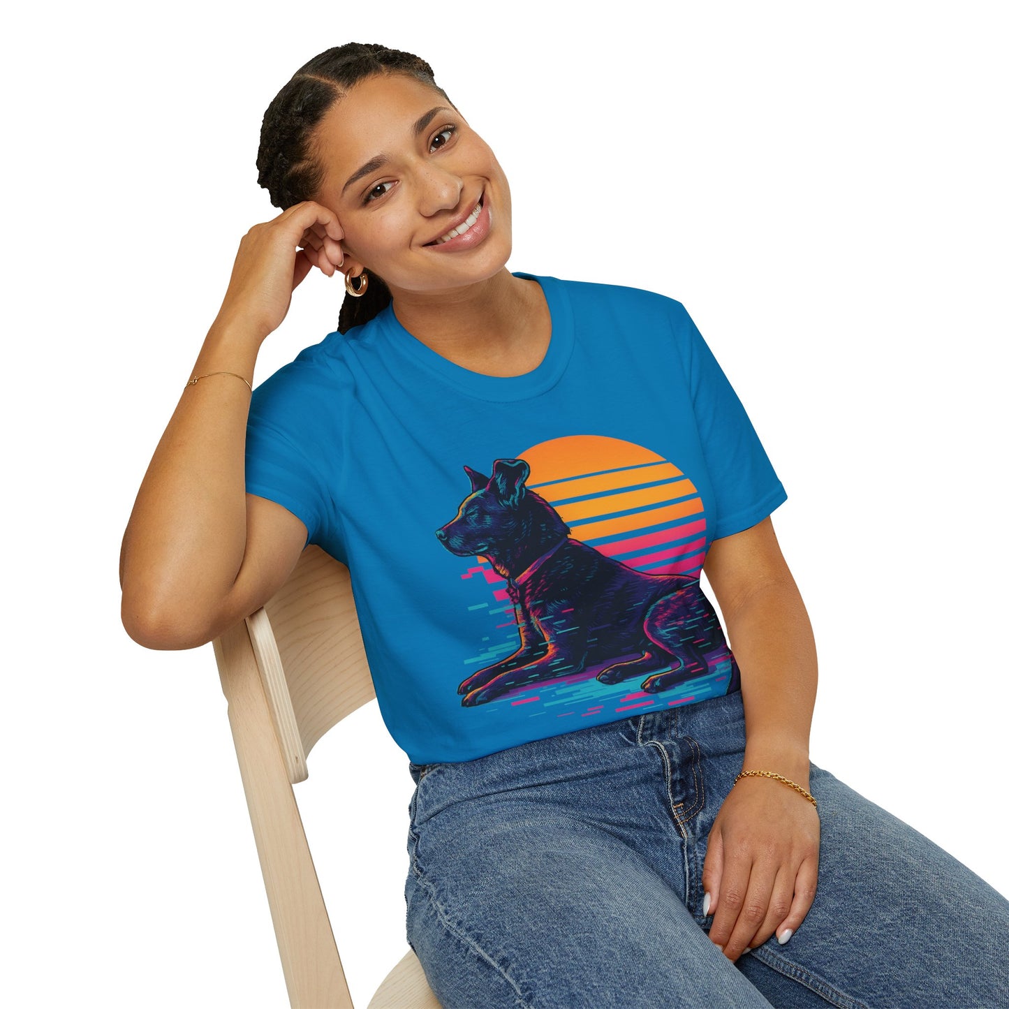 Glitch Art Rescue Dog Shirt | Retro Sunset Dog Graphic Tee for Teens & Animal Lovers | Bold Streetwear Style, Adult Unisex T-Shirt