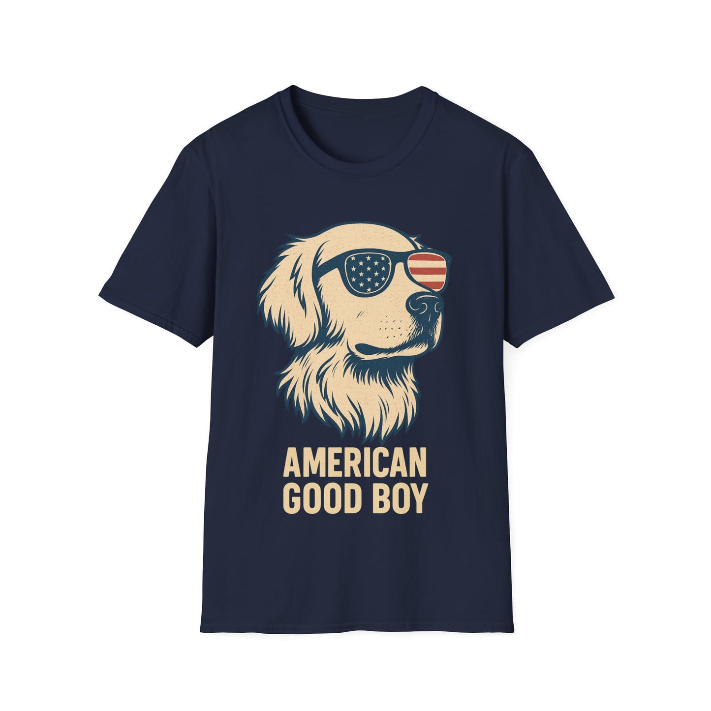 American Good Boy Golden Retriever T-Shirt – Patriotic Dog Wearing Flag Glasses – Funny 4th of July Graphic Tee for Men & Women, Adult Unisex T-Shirt