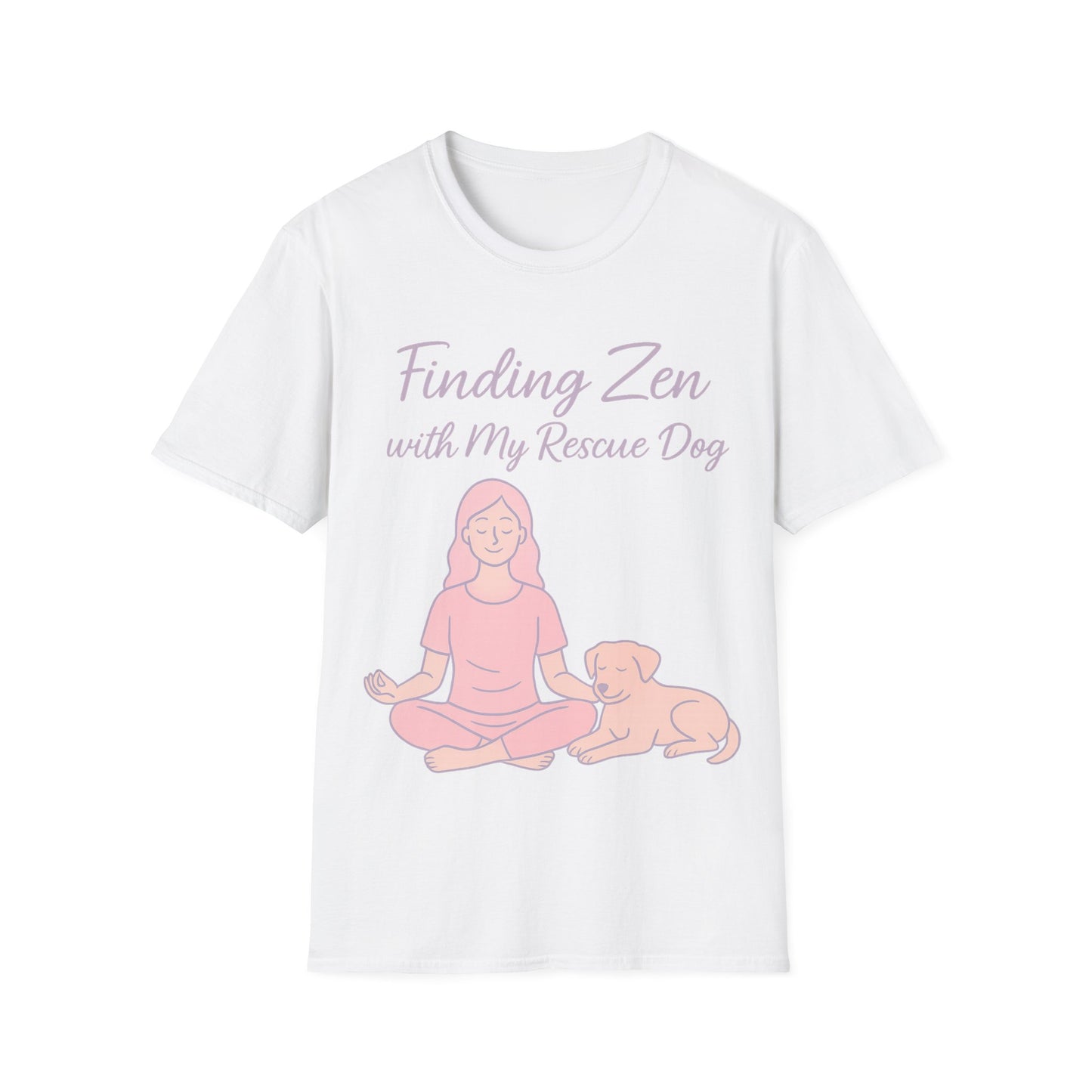 Finding Zen with My Rescue Dog – Calm Dog Mom Shirt in Blush Pink Lettering | Mental Health Rescue Tee, Adult Unisex T-Shirt