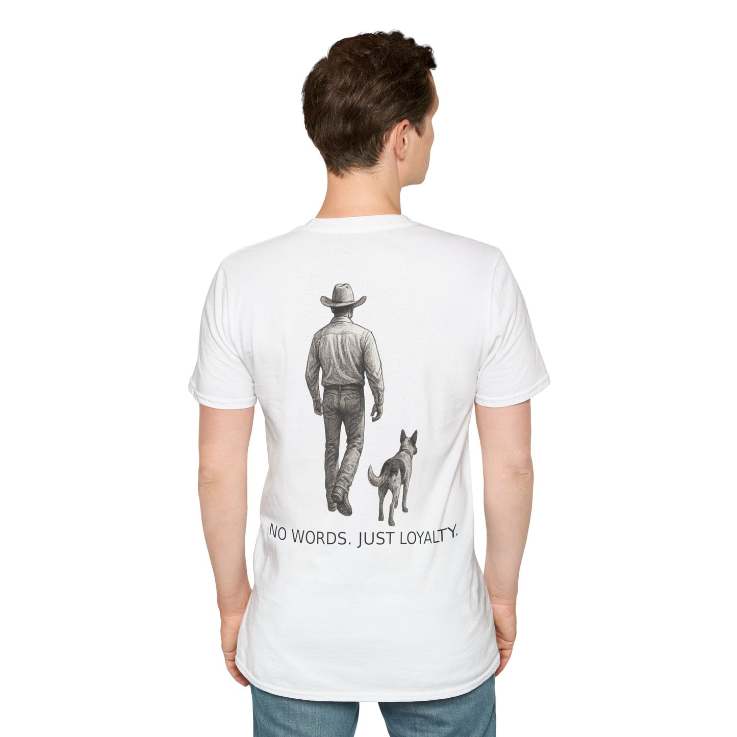 Cowboy and Dog Loyalty T-Shirt – No Words Just Loyalty Western Rescue Tee – Ranch Life Pet Lover Shirt – Adopted & Adored Apparel, Adult Unisex T-Shirt