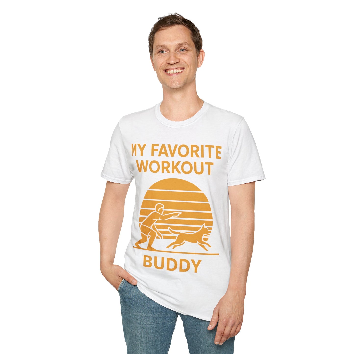 My Favorite Workout Buddy T-Shirt – Dog Lover Gift Tee – Sunset Gold Line Art Design – Playing Fetch Graphic – Motivational Dog Shirt – Gildan 64000 Unisex, Adult Unisex T-Shirt