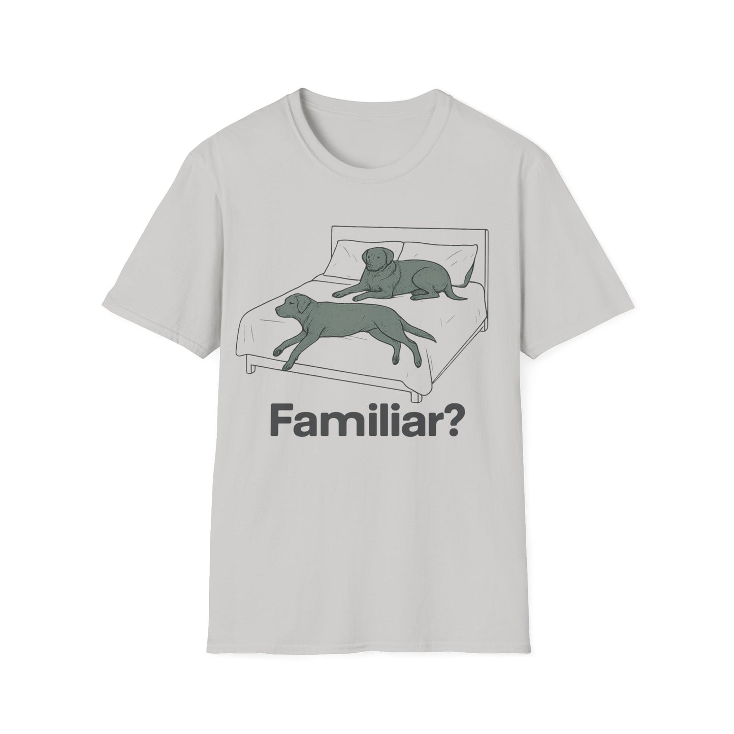 Familiar? Rescue Dog Bed Takeover T-Shirt | Funny Pitbull Dog Lover Gift | Adopted & Adored Apparel, Adult Unisex T-Shirt