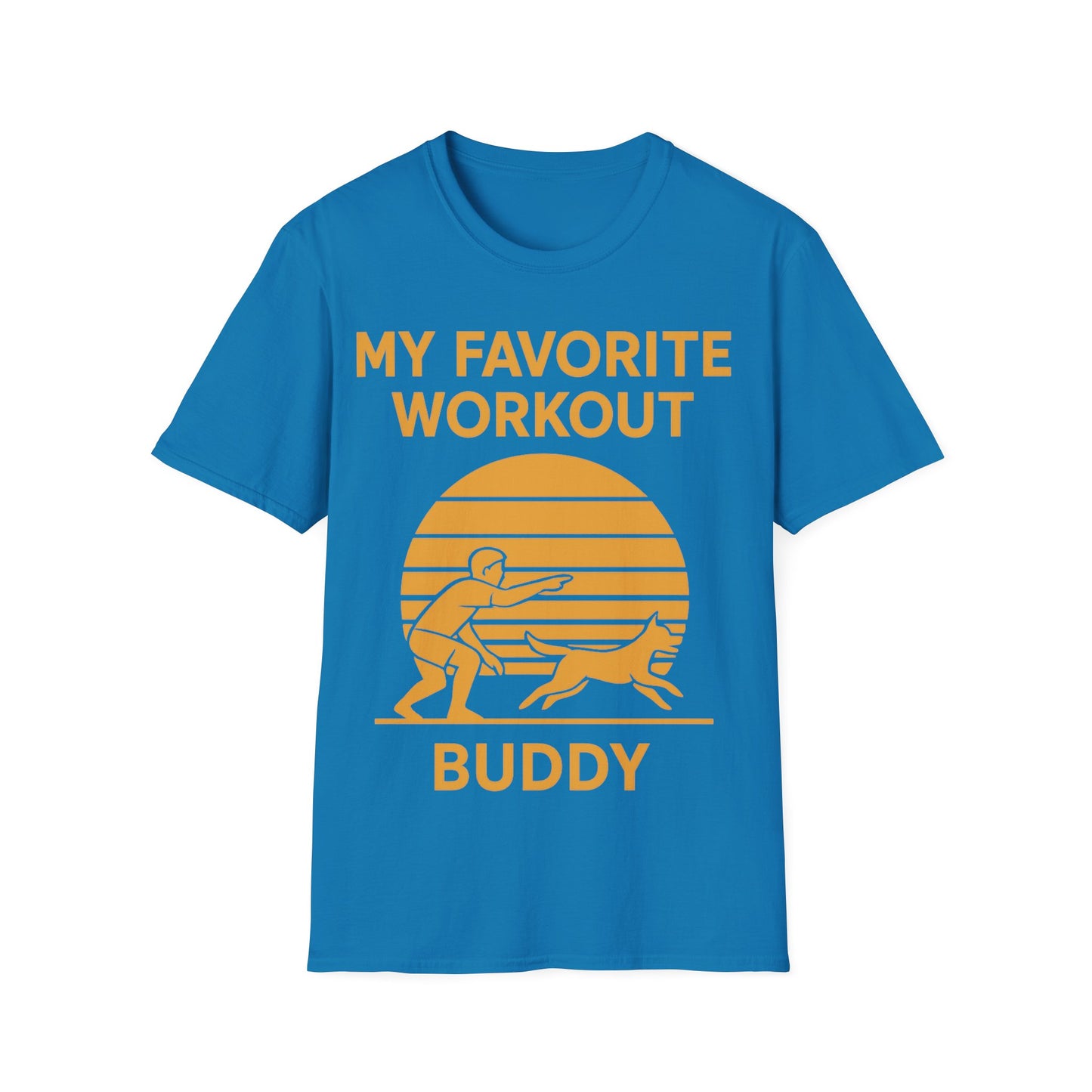 My Favorite Workout Buddy T-Shirt – Dog Lover Gift Tee – Sunset Gold Line Art Design – Playing Fetch Graphic – Motivational Dog Shirt – Gildan 64000 Unisex, Adult Unisex T-Shirt