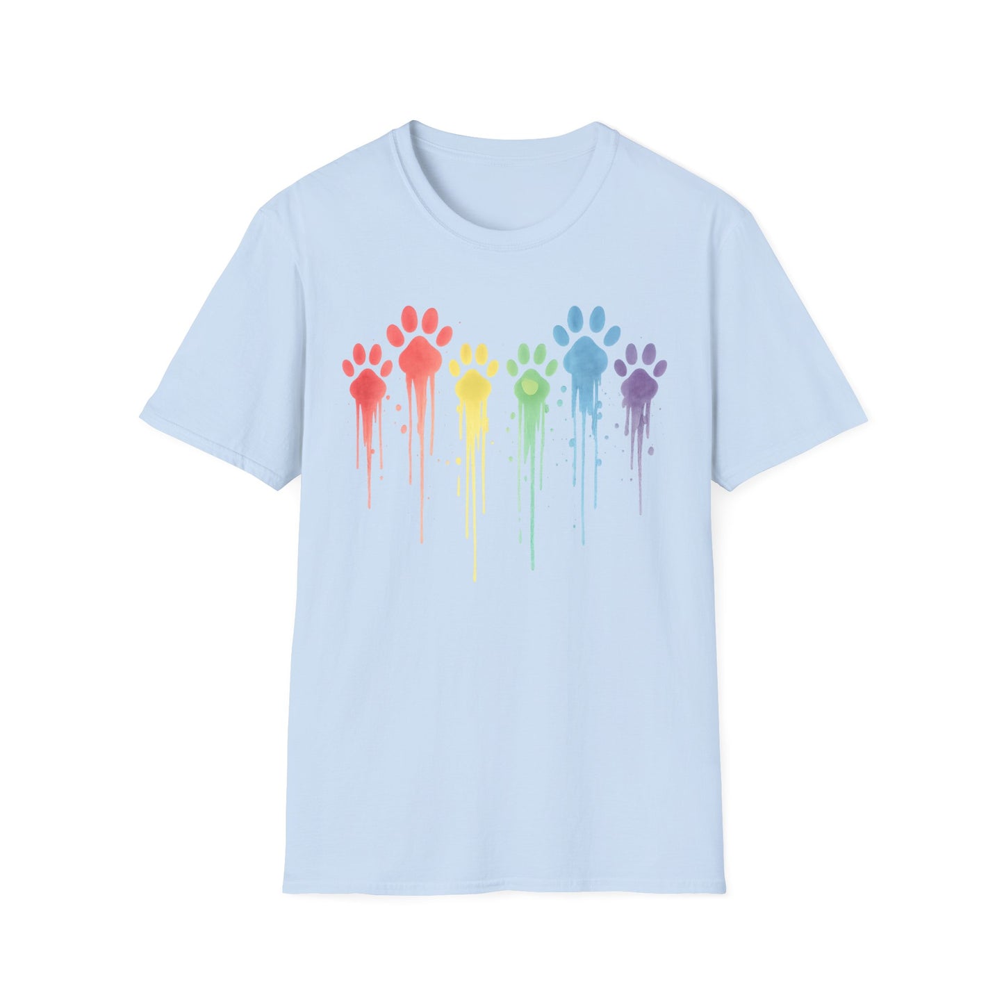 Rainbow Paw Print Drip Shirt | Colorful Rescue Dog Pride Tee | Animal Lover Watercolor Pet Shirt | Unisex Gildan 64000 T-Shirt | Adopt Don't Shop, Adult Unisex T-Shirt