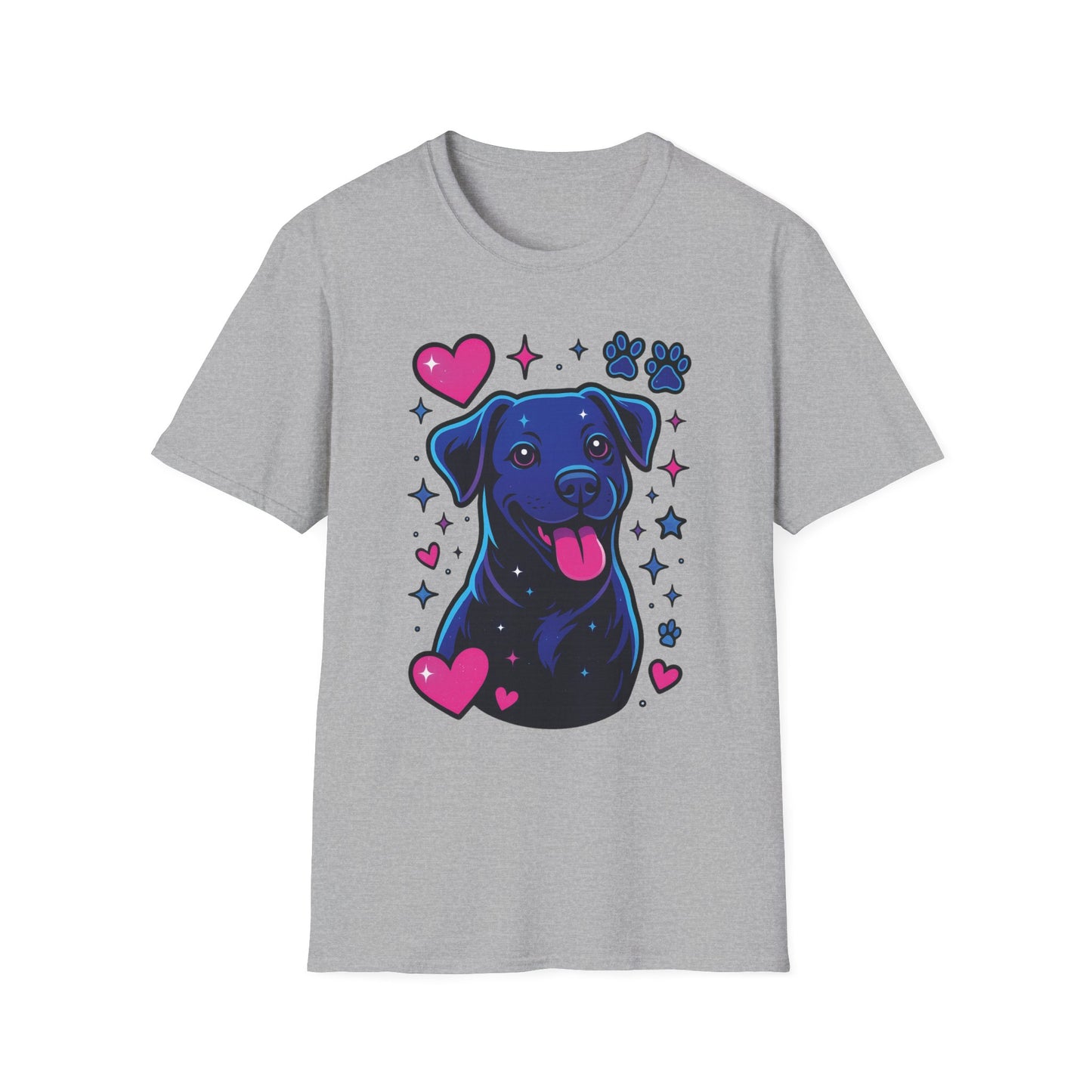 Neon Dog Graphic T-Shirt | Y2K Two-Sided Rescue Shirt with Front Dog Art + Back Logo | Adopted and Adored Apparel | Animal Adoption Awareness, Adult Unisex T-Shirt