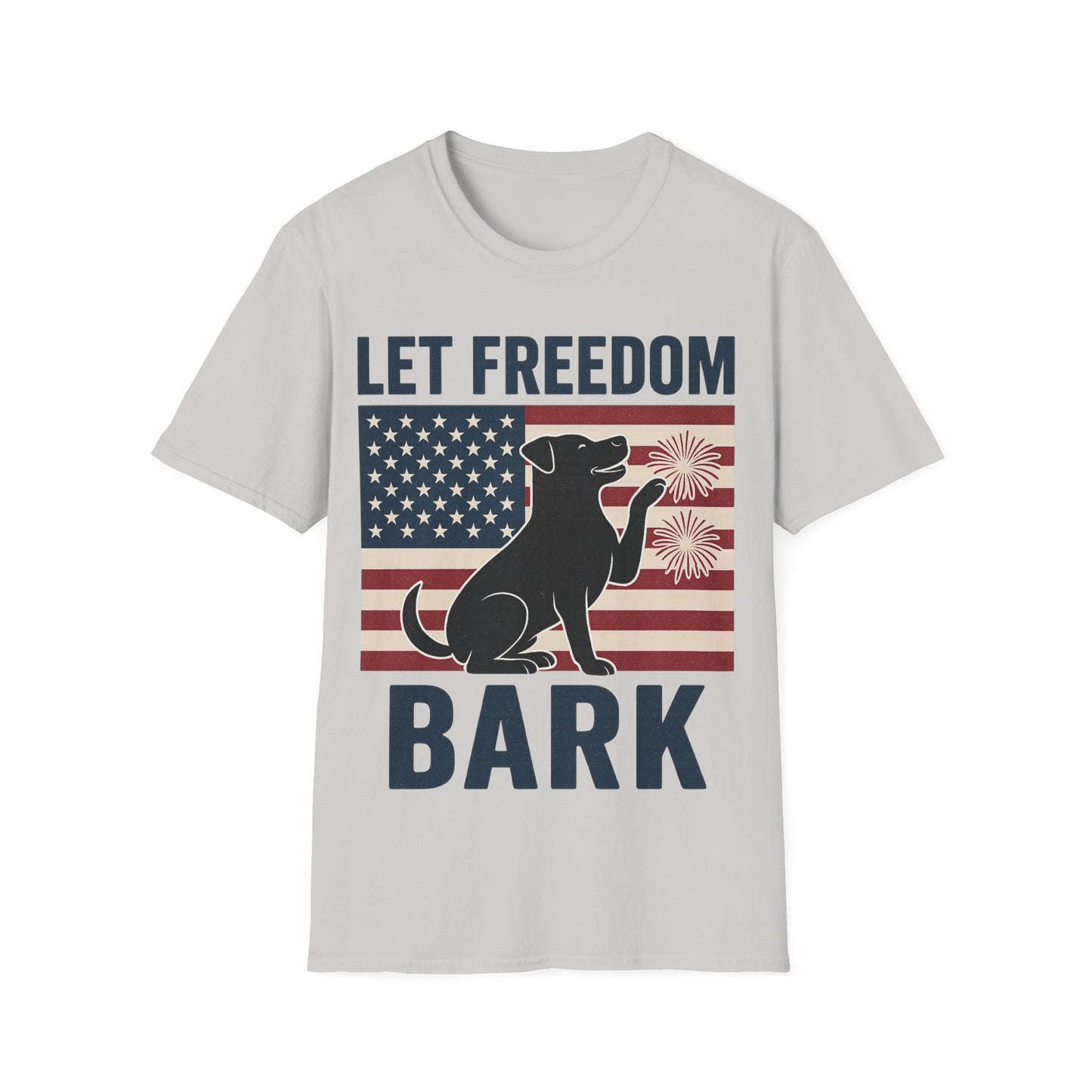 Let Freedom Bark Patriotic Dog T-Shirt | Fourth of July Rescue Tee | USA Flag Fireworks Dog Lover T-Shirt | Animal Adoption Apparel | Independence Day Dog Shirt | Gildan 64000 Unisex Soft Cotton T-Shirt for Pet Parents, Adult Unisex T-Shirt