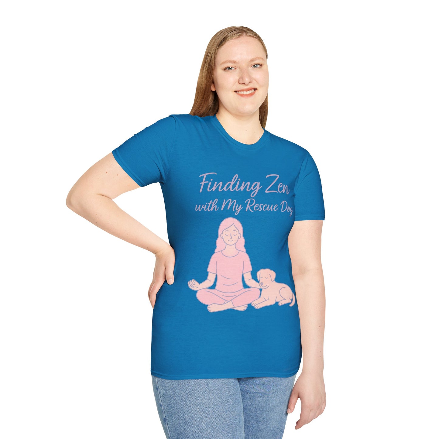 Finding Zen with My Rescue Dog – Calm Dog Mom Shirt in Blush Pink Lettering | Mental Health Rescue Tee, Adult Unisex T-Shirt