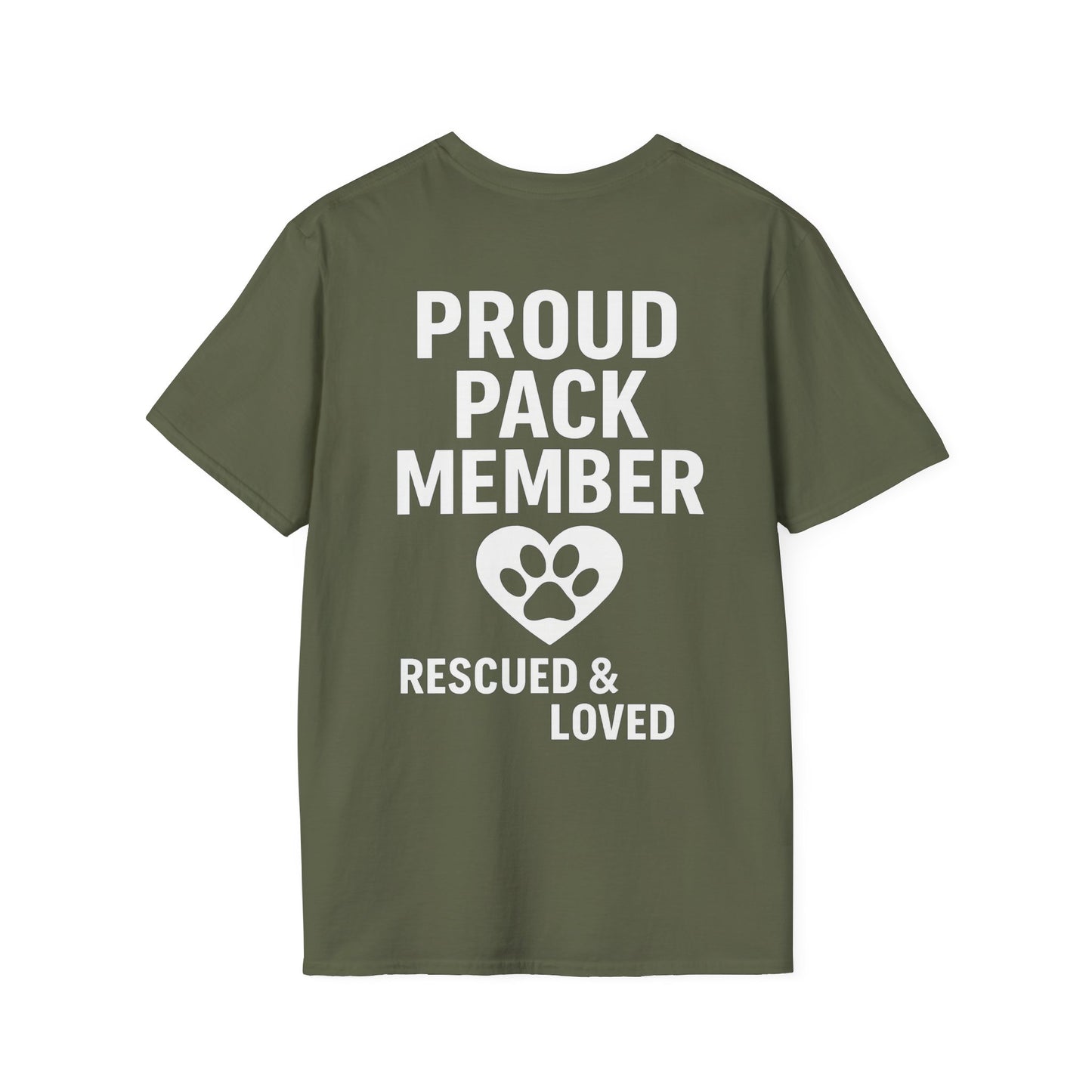 Proud Pack Member Rescued and Loved Shirt – Dog Rescue T-Shirt with Back Design – Pack Collection Family Matching Tee – Adopted and Adored Apparel, Adult Unisex T-Shirt