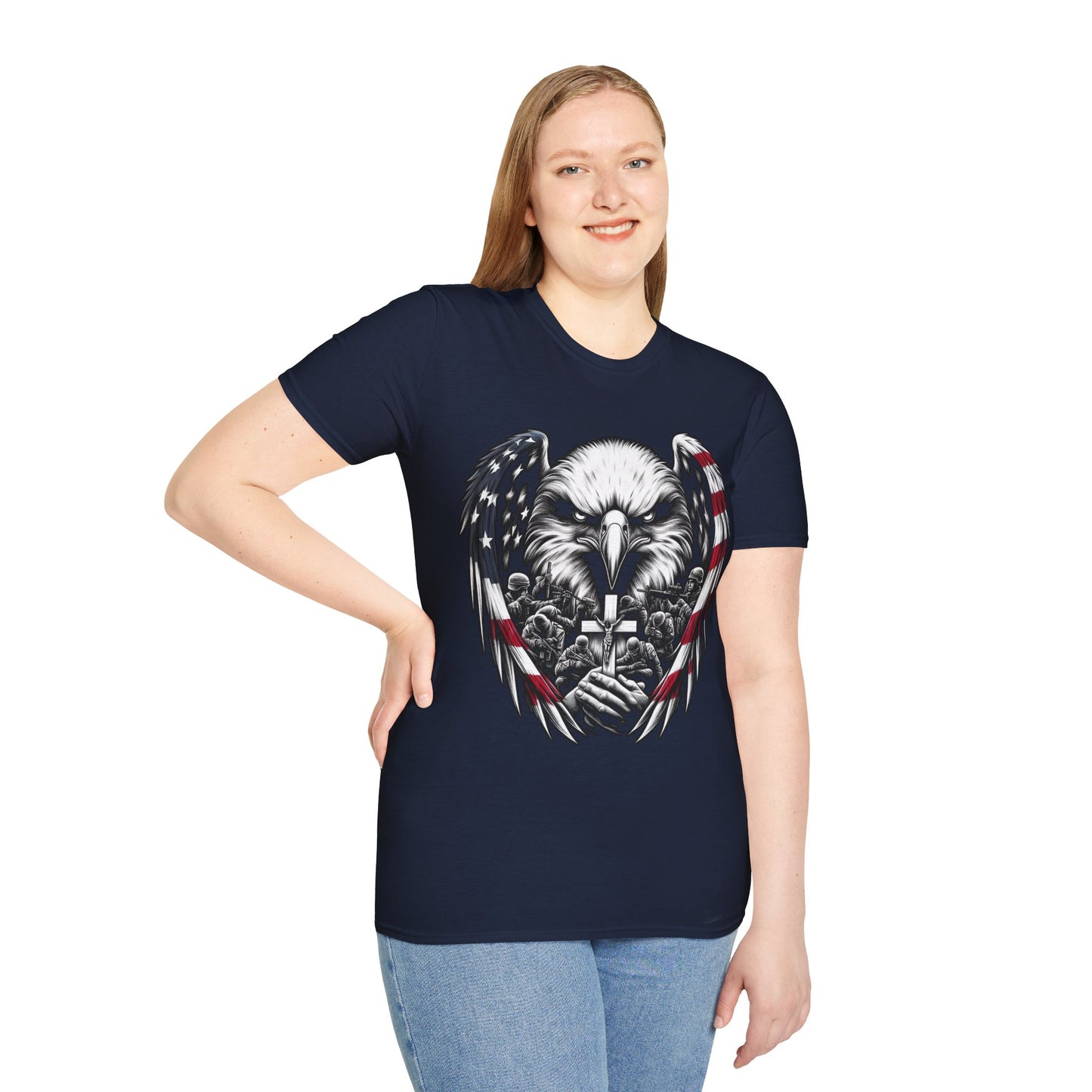 Faith and Freedom Eagle Cross T-Shirt – Front and Back USA Flag Pitty on back - American Flag Wings, Soldier Prayer Graphic, Patriotic Christian Memorial Shirt adult unisex