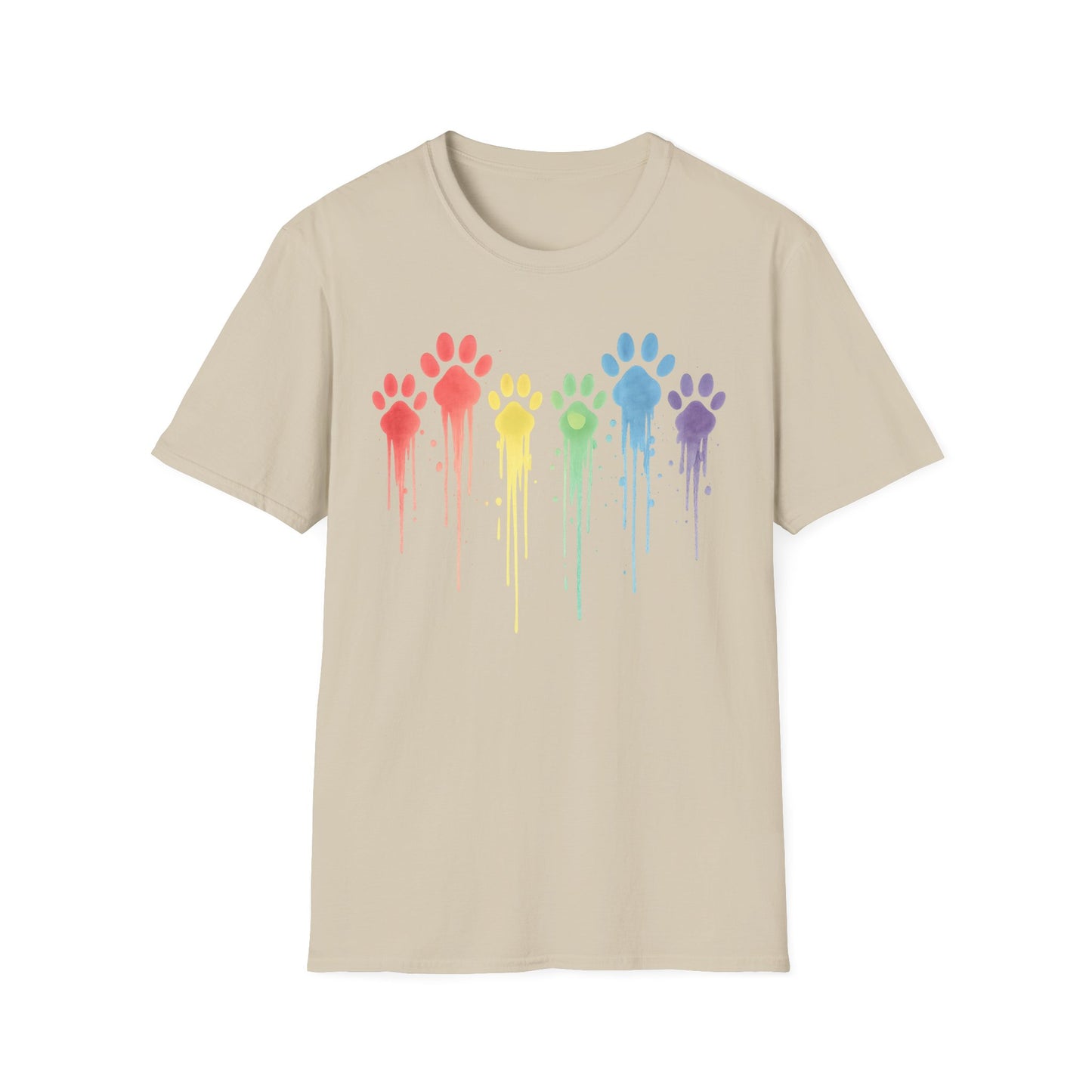 Rainbow Paw Print Drip Shirt | Colorful Rescue Dog Pride Tee | Animal Lover Watercolor Pet Shirt | Unisex Gildan 64000 T-Shirt | Adopt Don't Shop, Adult Unisex T-Shirt