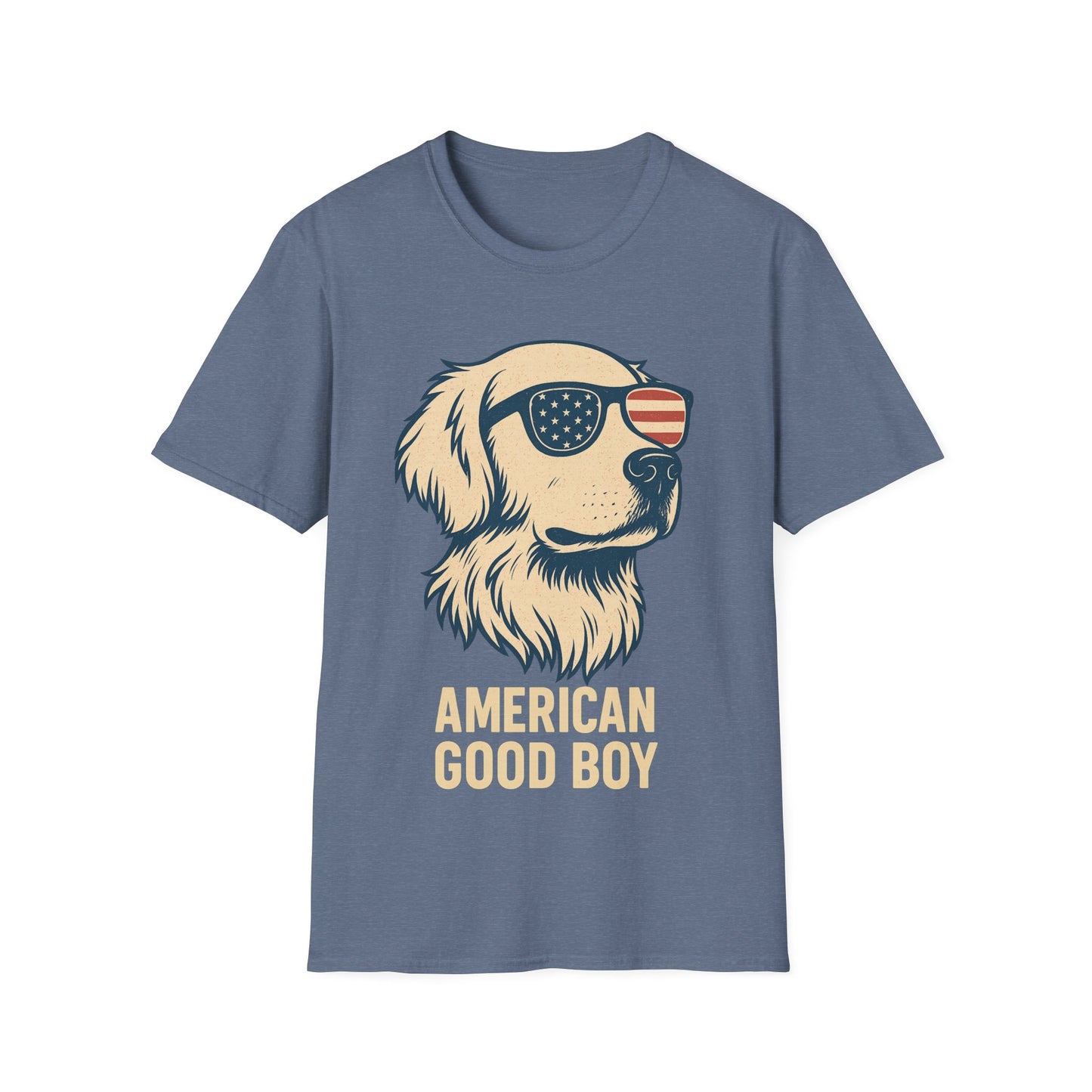 American Good Boy Golden Retriever T-Shirt – Patriotic Dog Wearing Flag Glasses – Funny 4th of July Graphic Tee for Men & Women, Adult Unisex T-Shirt