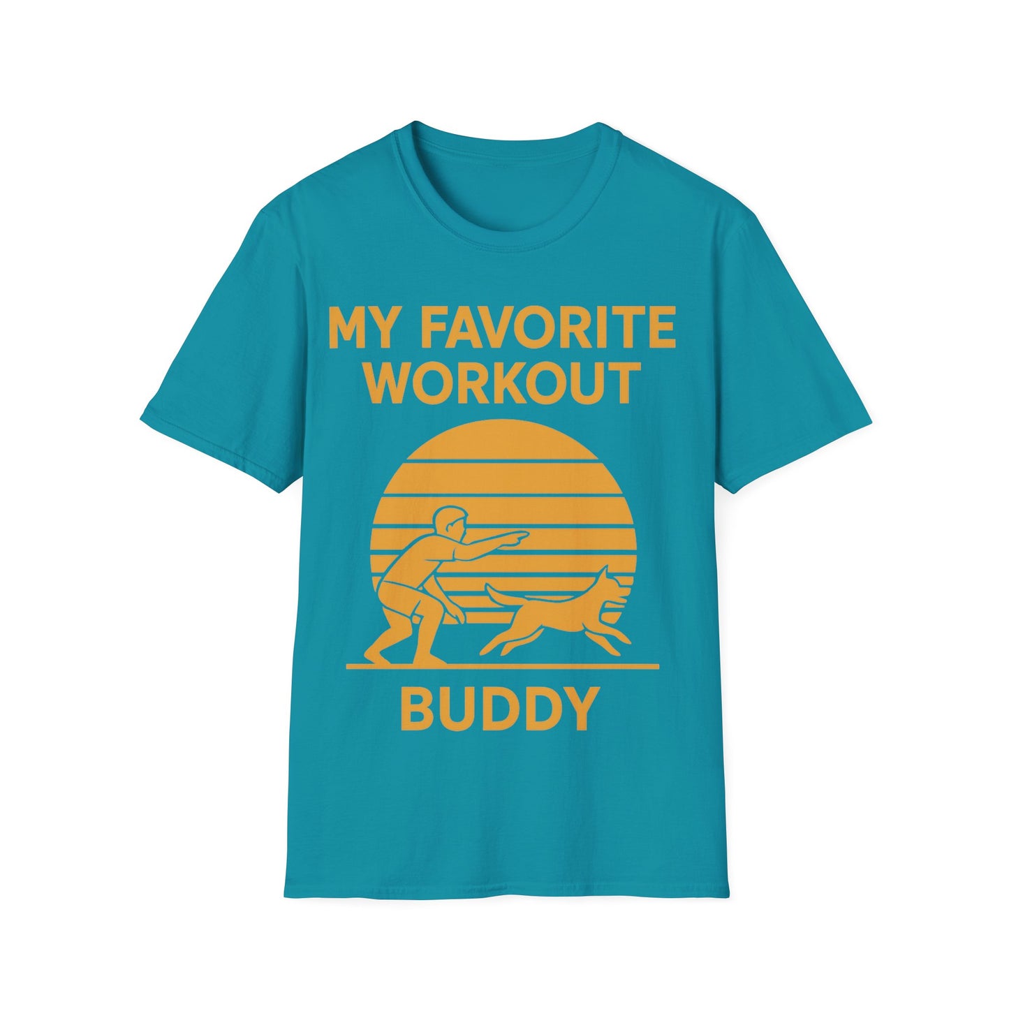 My Favorite Workout Buddy T-Shirt – Dog Lover Gift Tee – Sunset Gold Line Art Design – Playing Fetch Graphic – Motivational Dog Shirt – Gildan 64000 Unisex, Adult Unisex T-Shirt