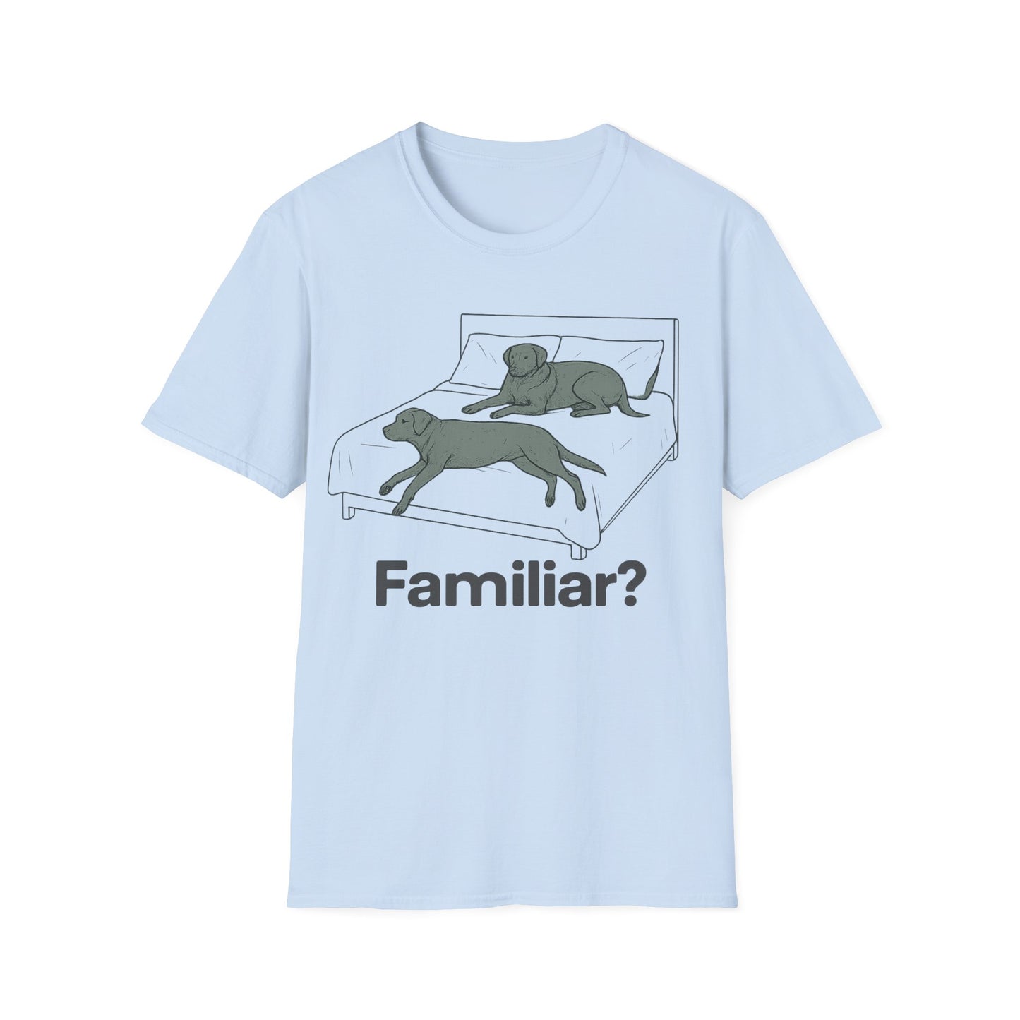 Familiar? Rescue Dog Bed Takeover T-Shirt | Funny Pitbull Dog Lover Gift | Adopted & Adored Apparel, Adult Unisex T-Shirt