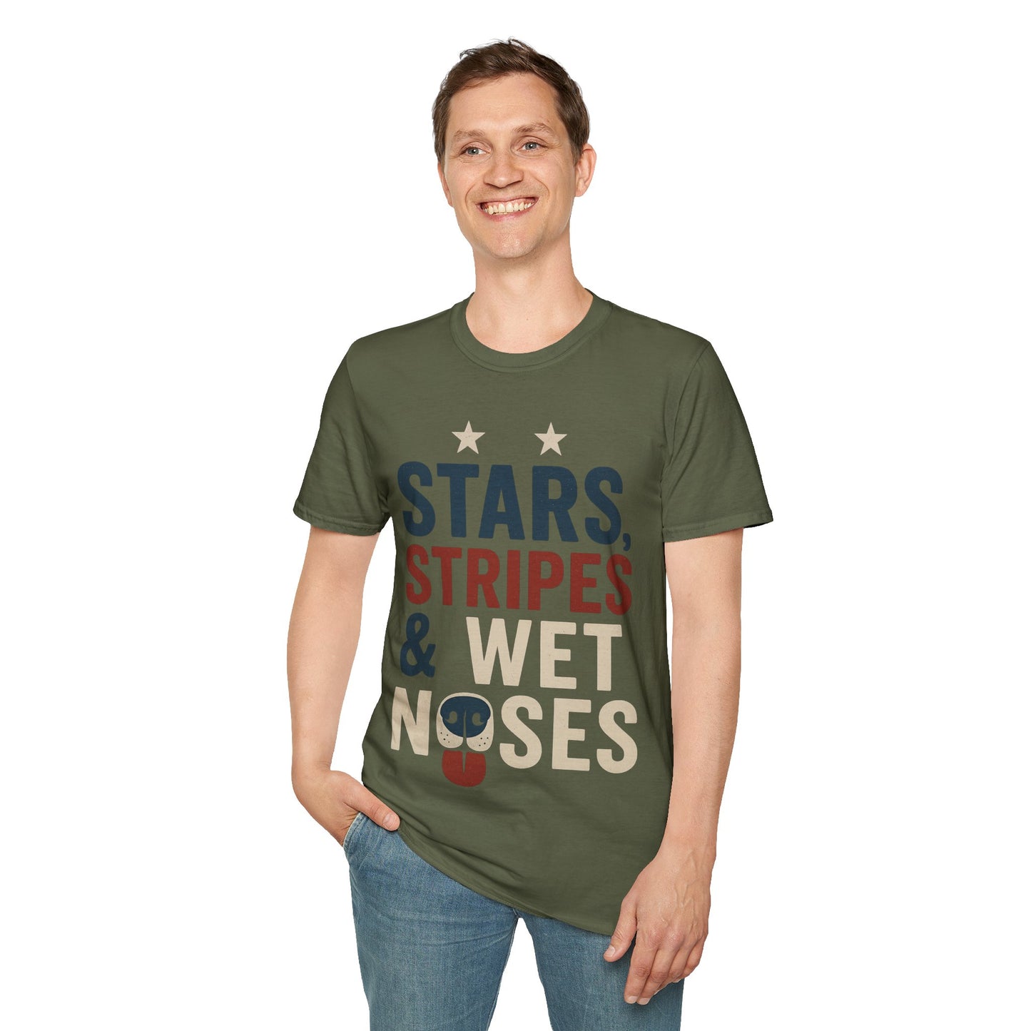 Stars Stripes and Wet Noses Patriotic Dog Shirt | Red White and Blue Rescue Tee | American Flag Dog Lover Shirt | Animal Adoption 4th of July T-Shirt | Multiple Design Options | Gildan 64000 Soft Cotton Unisex T-Shirt, Adult Unisex T-Shirt
