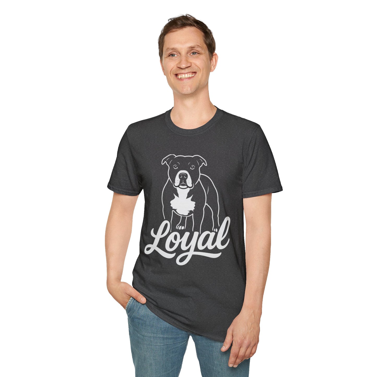 "Bold white line art of a big-headed pit bull above the word 'Loyal' on a black unisex t-shirt, perfect for dog lovers and rescue supporters"