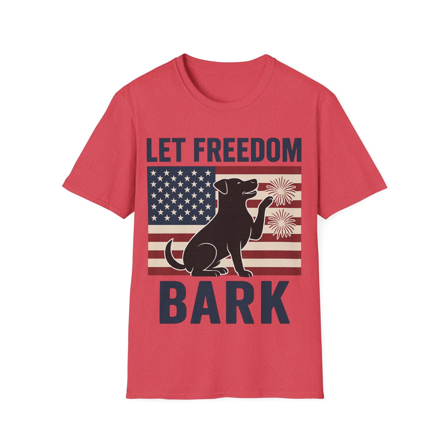 Let Freedom Bark Patriotic Dog T-Shirt | Fourth of July Rescue Tee | USA Flag Fireworks Dog Lover T-Shirt | Animal Adoption Apparel | Independence Day Dog Shirt | Gildan 64000 Unisex Soft Cotton T-Shirt for Pet Parents, Adult Unisex T-Shirt