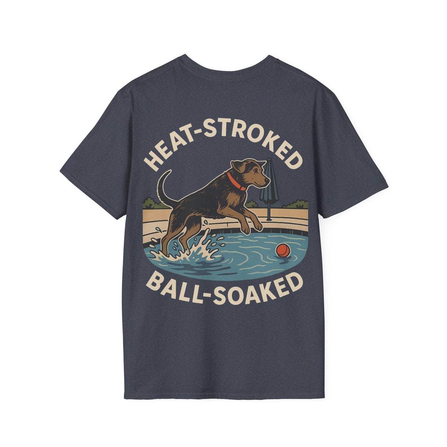 Heat-Stroked Ball-Soaked Dog T-Shirt – Funny Rescue Pool Dog Summer Shirt with Front & Back Print, Adult Unisex T-Shirt