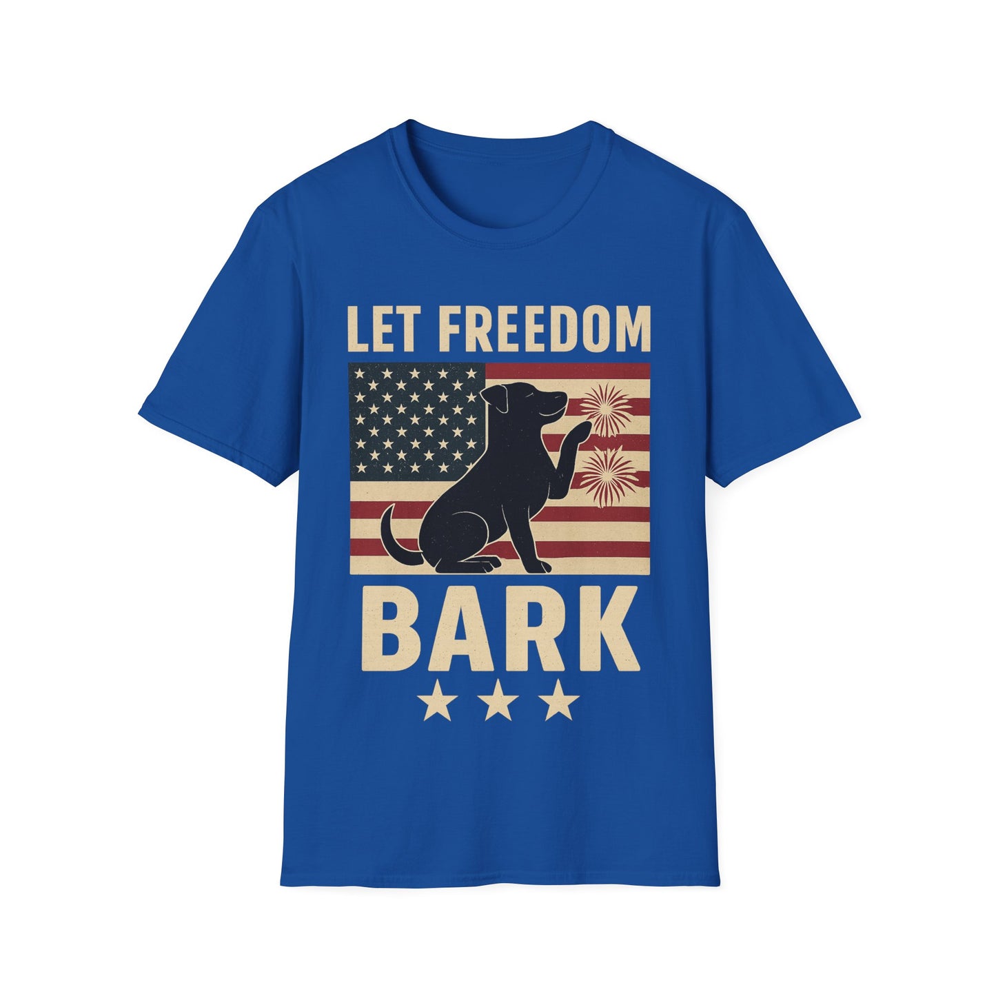Let Freedom Bark Patriotic Dog T-Shirt | Fourth of July Rescue Tee | USA Flag Fireworks Dog Lover T-Shirt | Animal Adoption Apparel | Independence Day Dog Shirt | Gildan 64000 Unisex Soft Cotton T-Shirt for Pet Parents, Adult Unisex T-Shirt