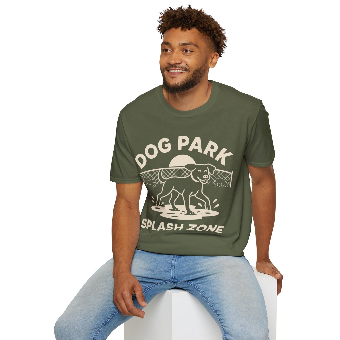 Dog Lover T-Shirt – Funny Dog Park Splash Zone T-Shirt with Wet Dog Puddle Design | Cream Ink Print, Adult Unisex T-Shirt