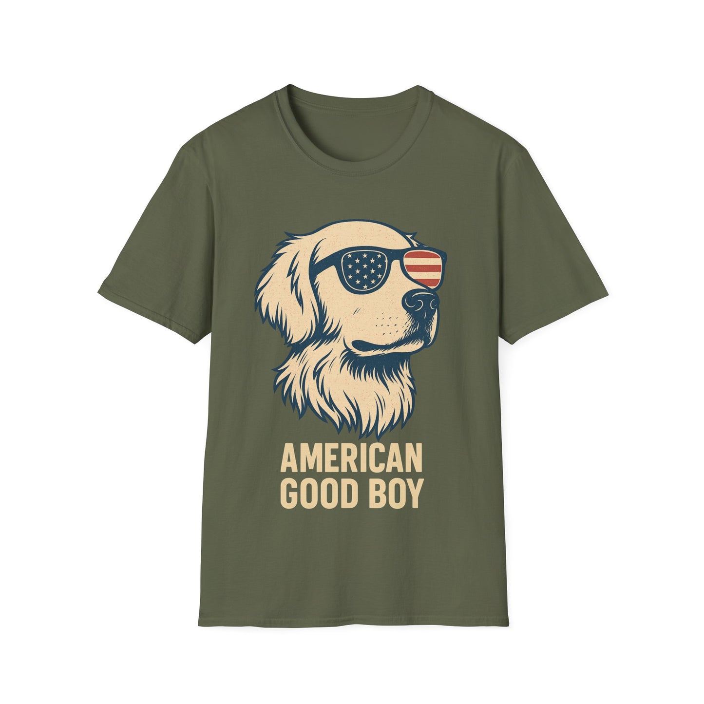 American Good Boy Golden Retriever T-Shirt – Patriotic Dog Wearing Flag Glasses – Funny 4th of July Graphic Tee for Men & Women, Adult Unisex T-Shirt