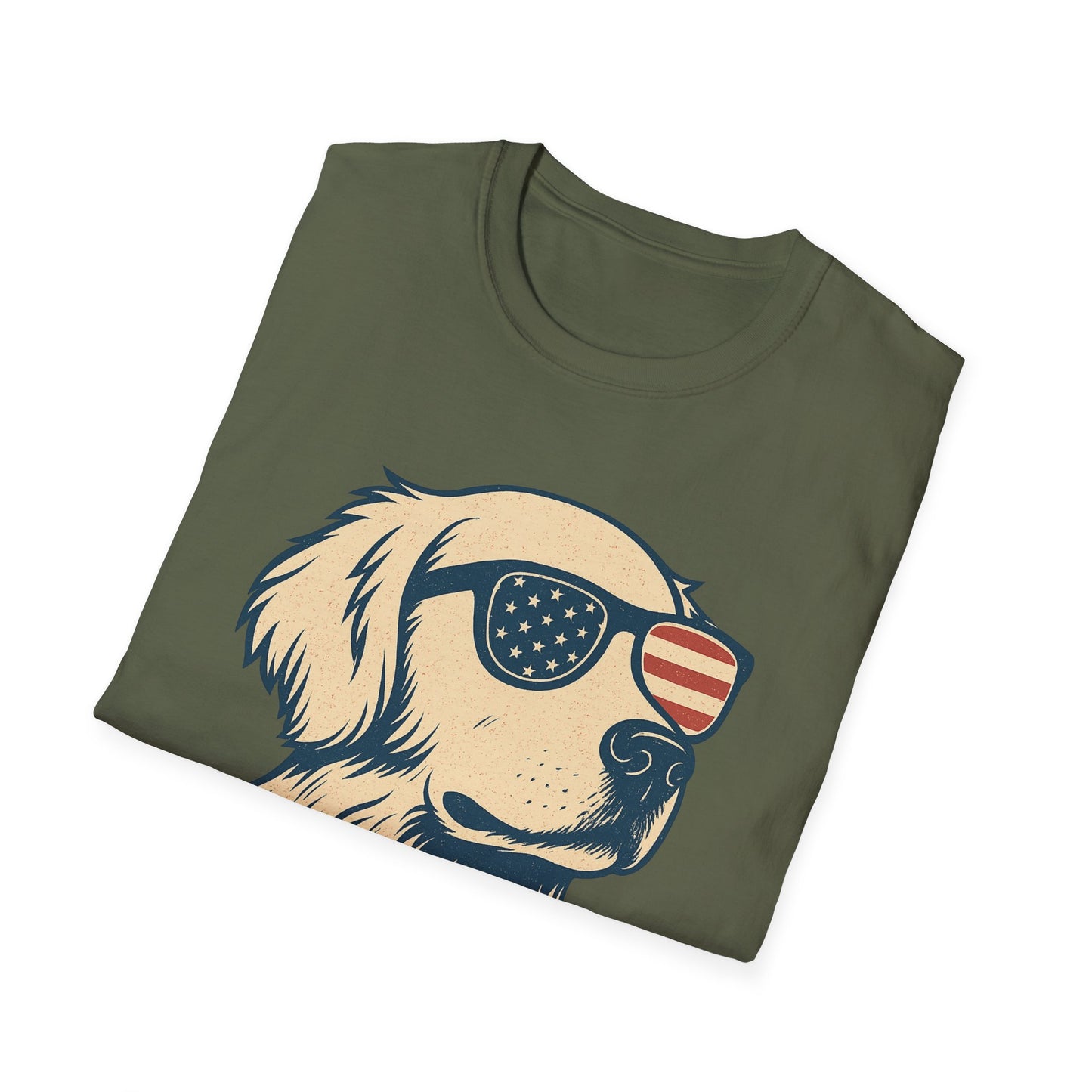 American Good Boy Golden Retriever T-Shirt – Patriotic Dog Wearing Flag Glasses – Funny 4th of July Graphic Tee for Men & Women, Adult Unisex T-Shirt