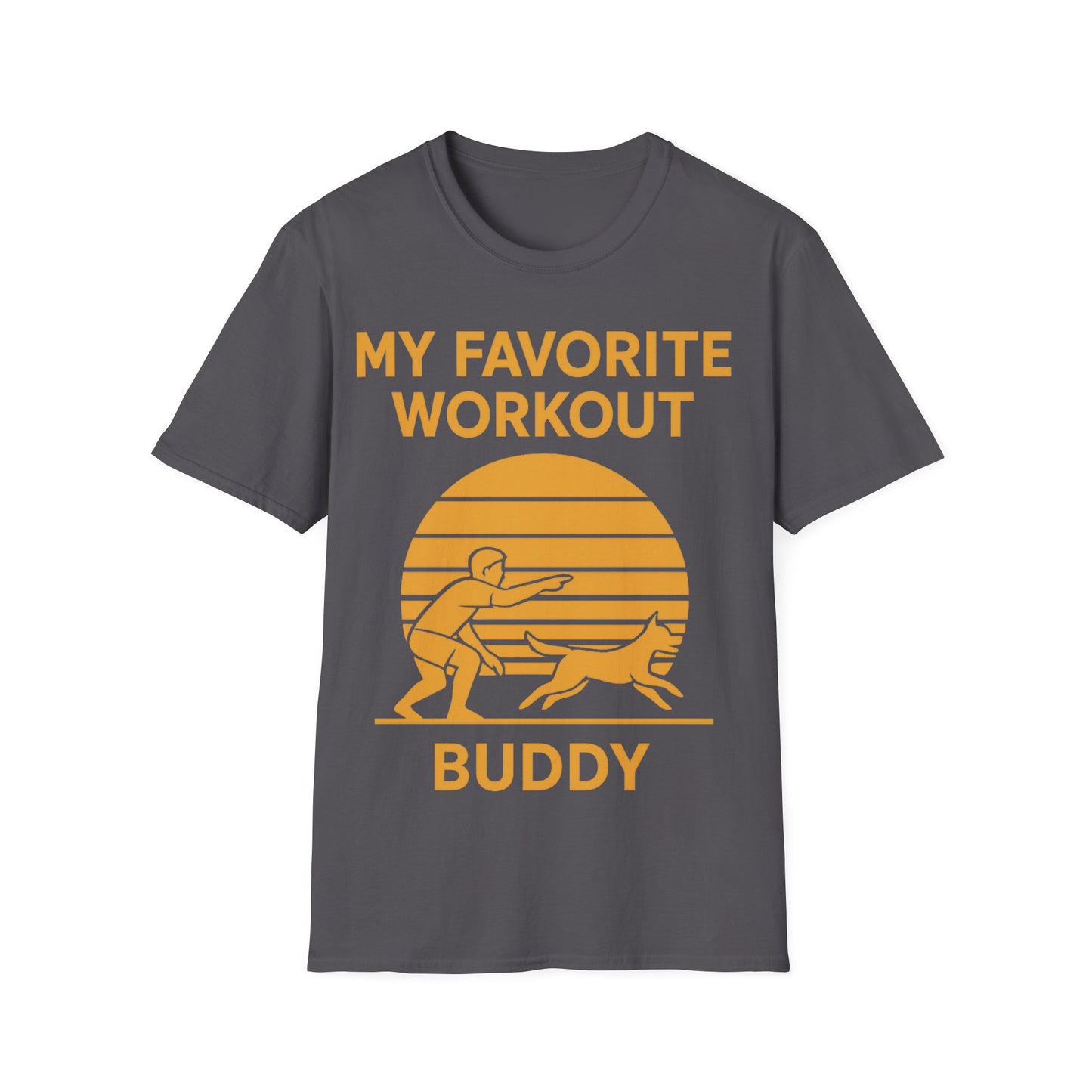 My Favorite Workout Buddy T-Shirt – Dog Lover Gift Tee – Sunset Gold Line Art Design – Playing Fetch Graphic – Motivational Dog Shirt – Gildan 64000 Unisex, Adult Unisex T-Shirt