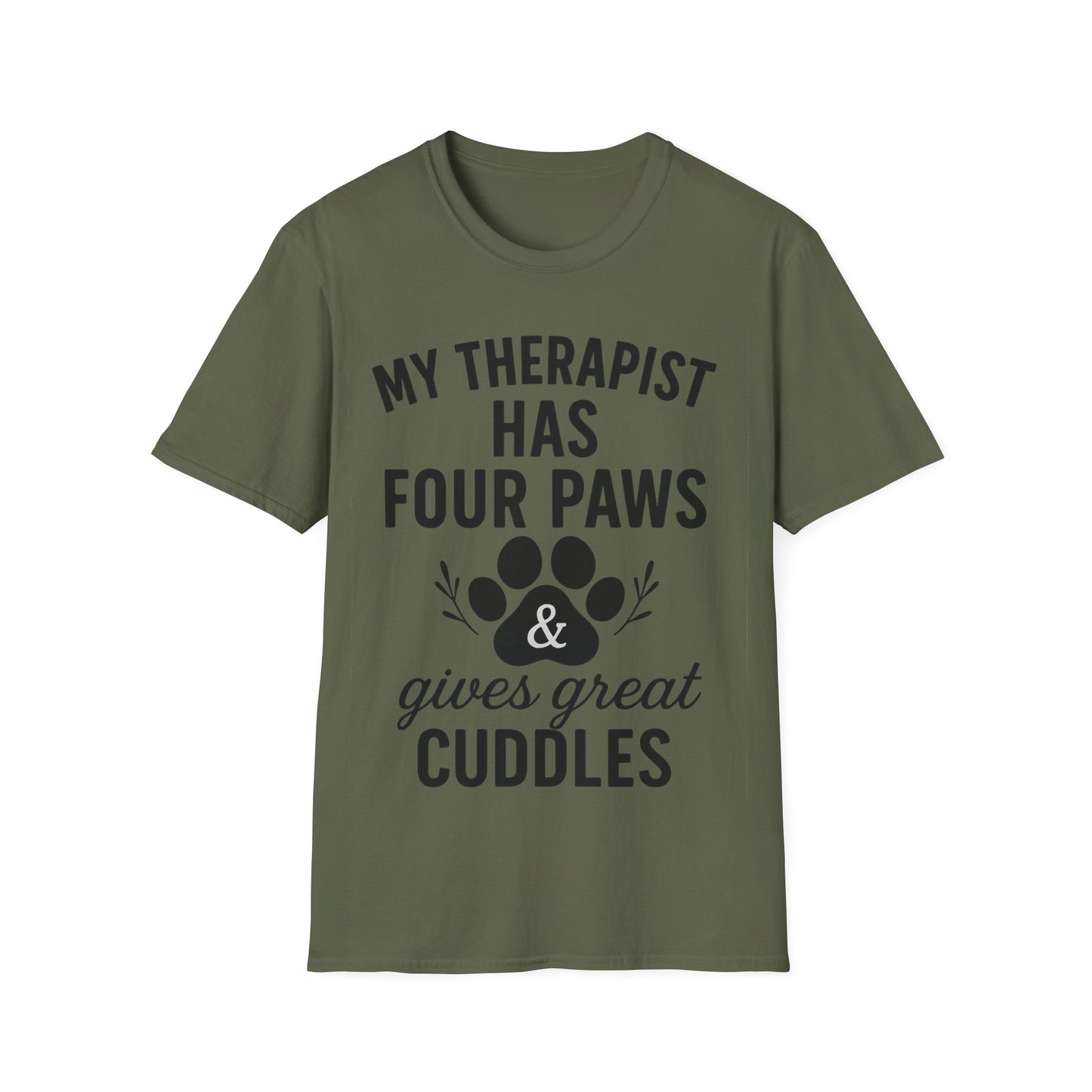 My Therapist Has Four Paws and Gives Great Cuddles – Rescue Dog Shirt with Bold Black Lettering, Adult Unisex T-Shirt