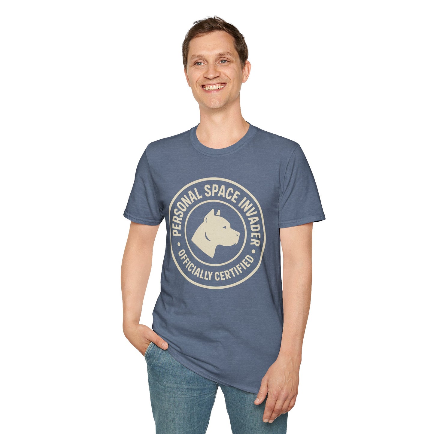 Personal Space Invader Officially Certified Pit Bull Unisex Adult T-Shirt – Rescue Dog Humor – 10% Donated – Free Shipping $75+