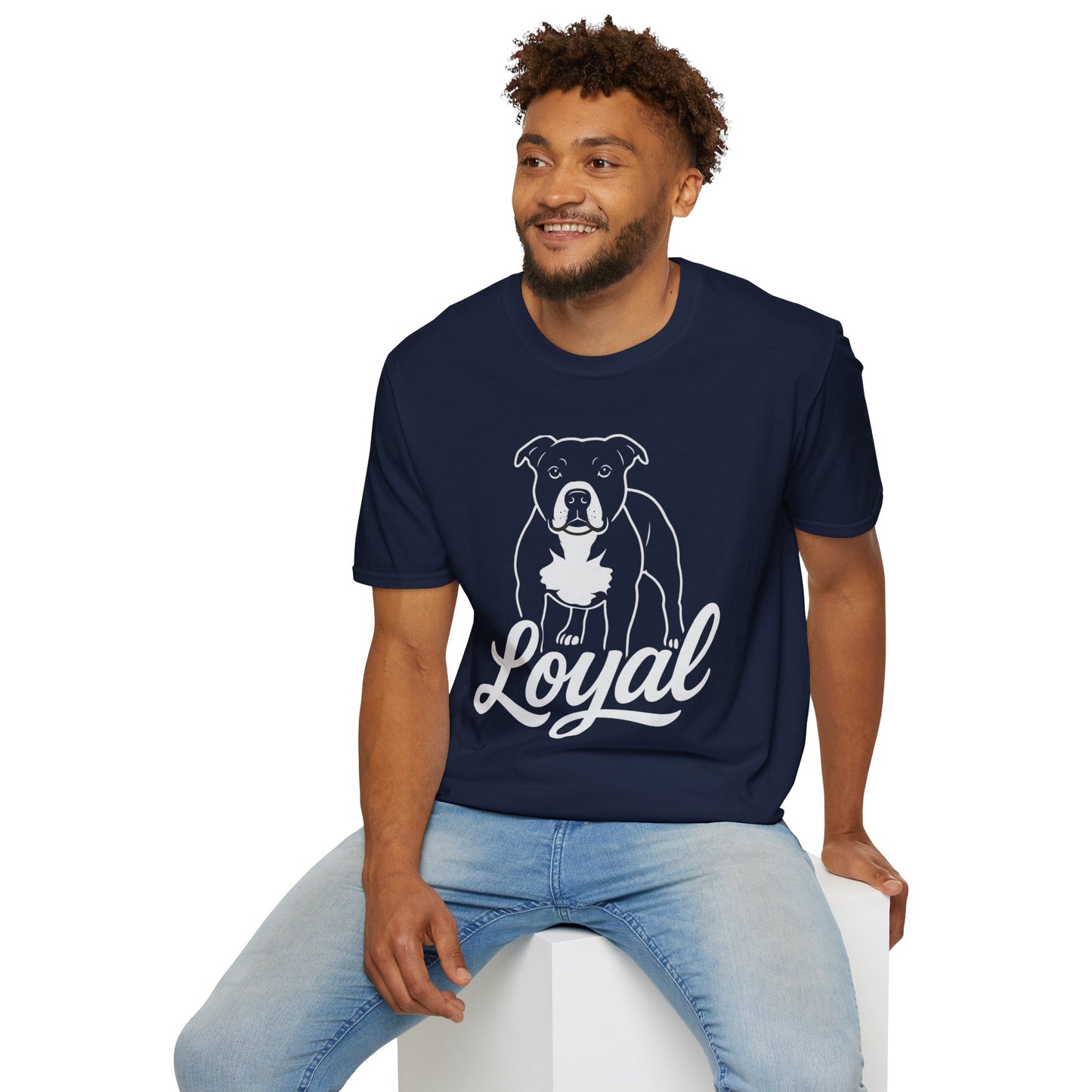 Loyal Pit Bull T-Shirt – Big Head Variant 2 Rescue Dog Graphic | Bold White Line Art on Black Tee, Adult Unisex T-Shirt