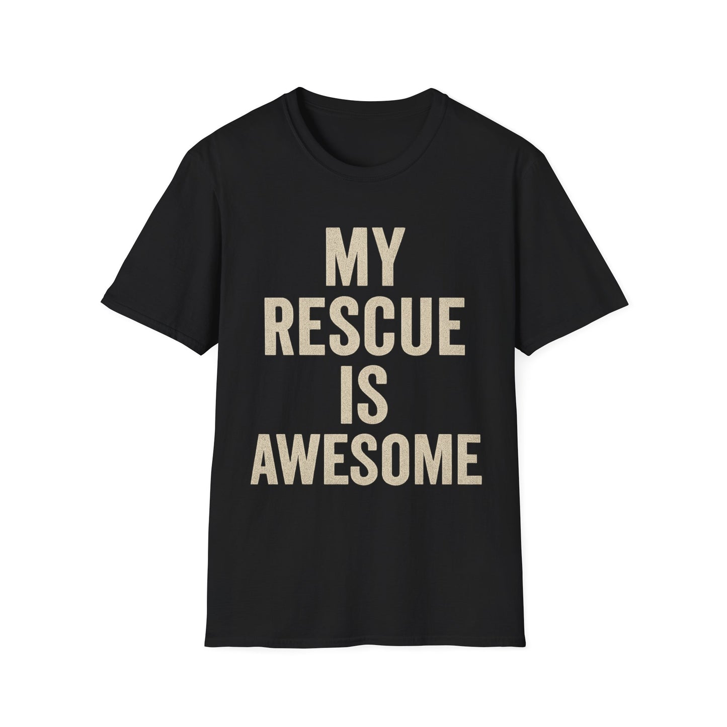 My Rescue Is Awesome T-Shirt – Minimal Distressed Dog Rescue Shirt in Cream Text on Dark Colors unisex adult