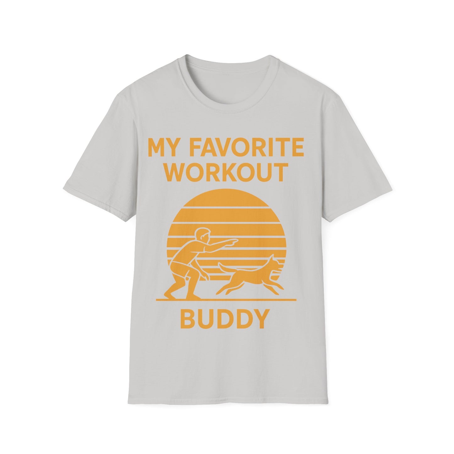 My Favorite Workout Buddy T-Shirt – Dog Lover Gift Tee – Sunset Gold Line Art Design – Playing Fetch Graphic – Motivational Dog Shirt – Gildan 64000 Unisex, Adult Unisex T-Shirt