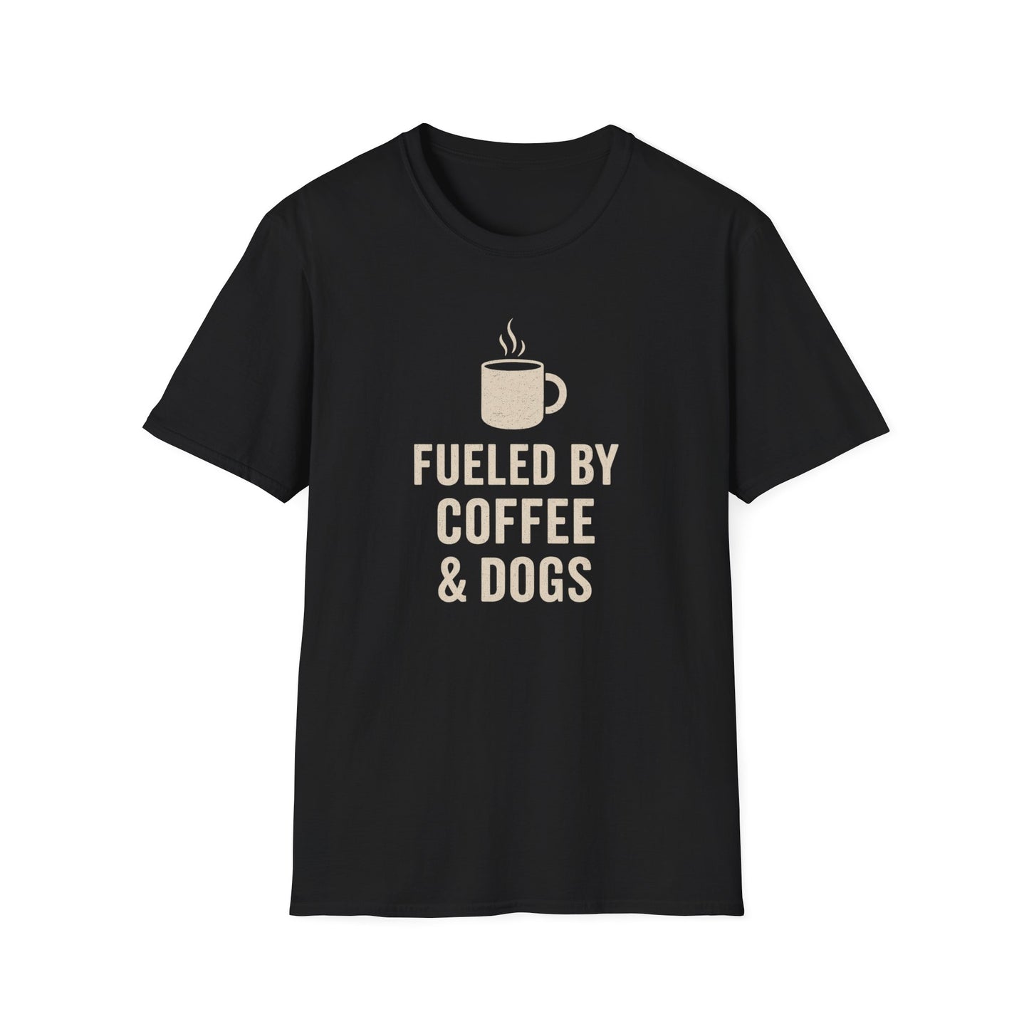 Fueled by Coffee and Dogs T-Shirt – Distressed Cream Graphic Tee for Dog Lovers, Charcoal Heather Unisex Fit adult