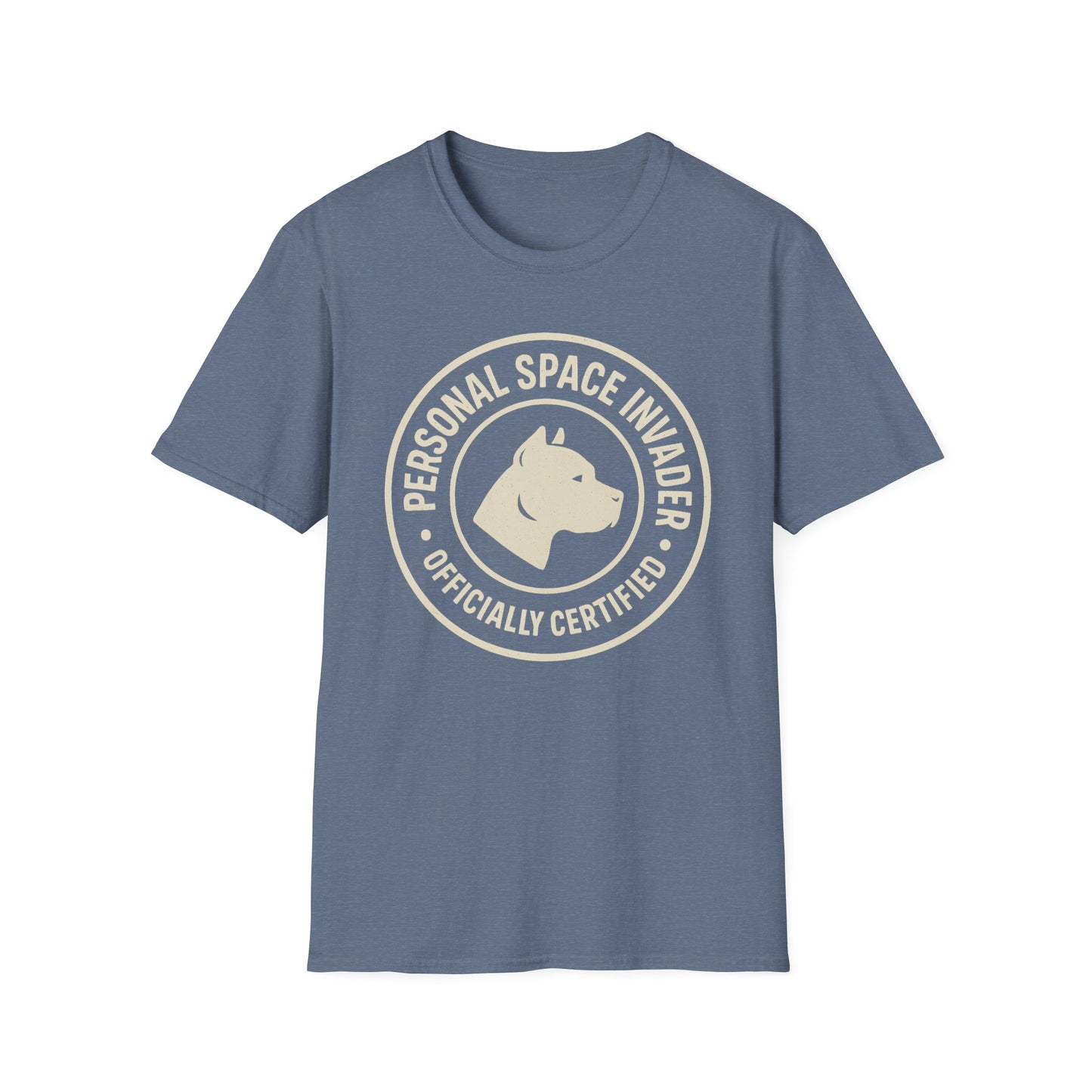 Personal Space Invader Officially Certified Pit Bull Unisex Adult T-Shirt – Rescue Dog Humor – 10% Donated – Free Shipping $75+
