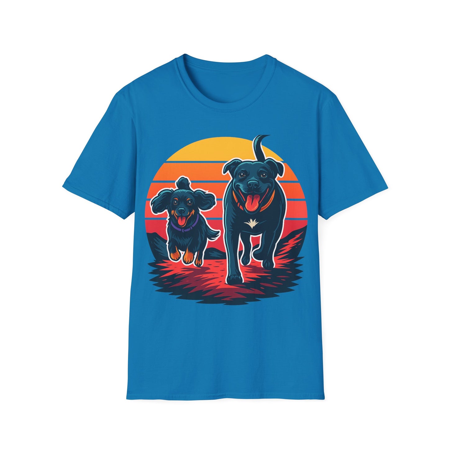 Retro Sunset Dog Shirt | Running Rescue Dog Graphic Tee for Animal Lovers, Teens & Friends | Vibrant Pet Memorial Gift, Adult Unisex T-Shirt