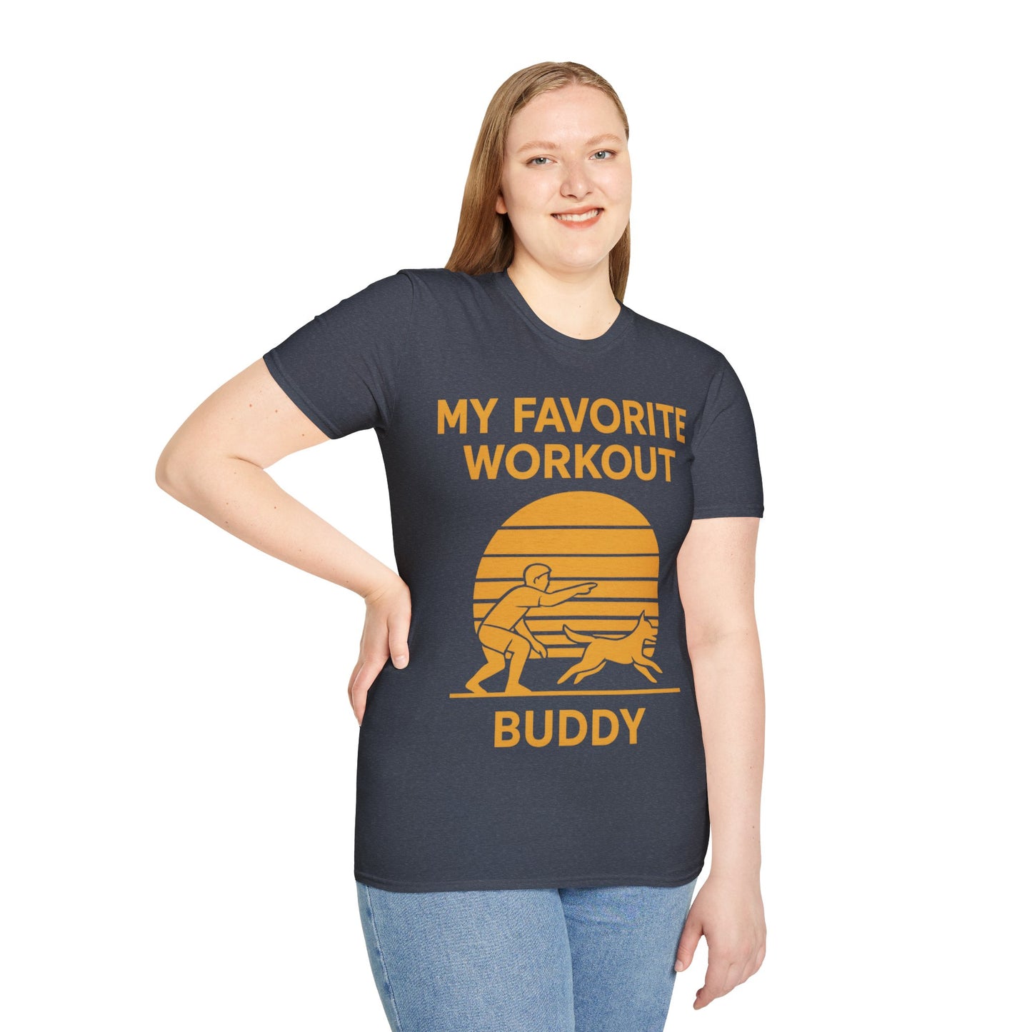 My Favorite Workout Buddy T-Shirt – Dog Lover Gift Tee – Sunset Gold Line Art Design – Playing Fetch Graphic – Motivational Dog Shirt – Gildan 64000 Unisex, Adult Unisex T-Shirt