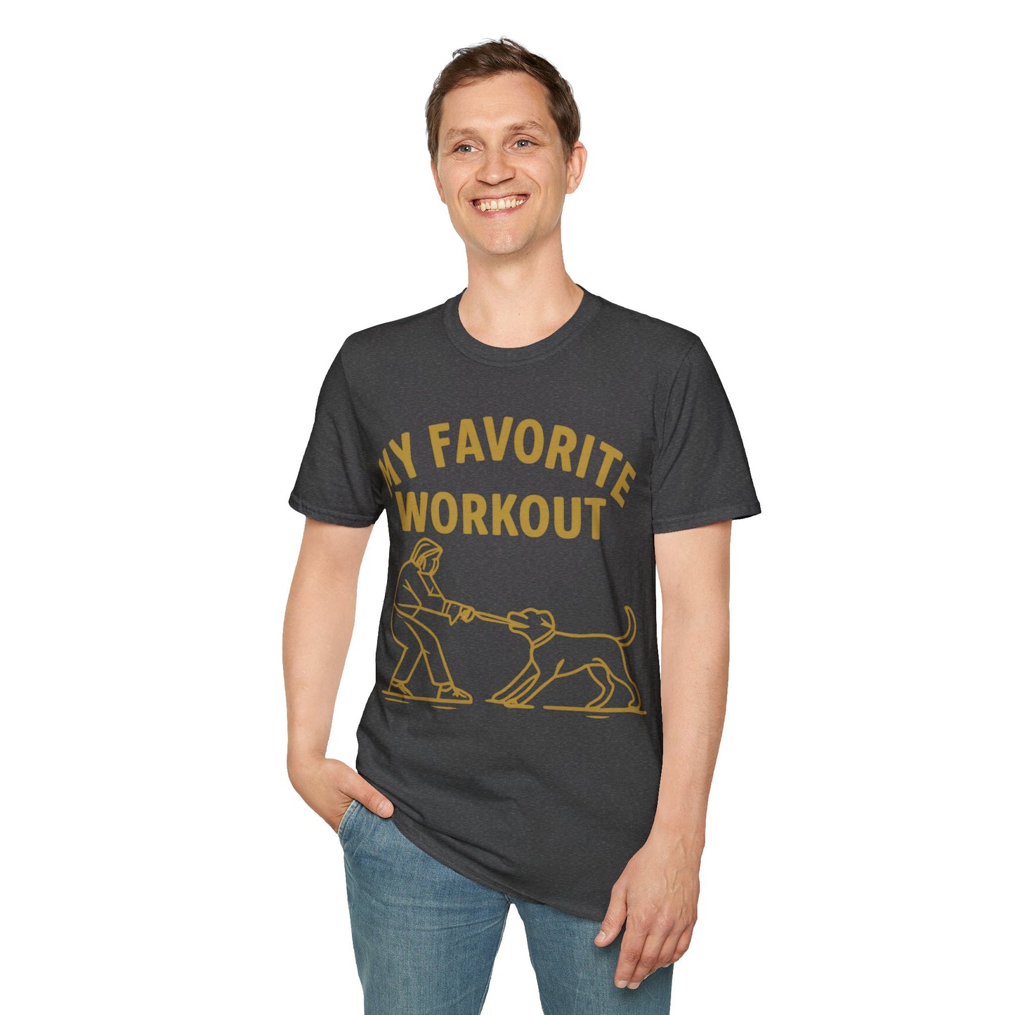 My Favorite Workout Tug-of-War Dog T-Shirt – Funny Dog Mom Tee – Gildan 64000 Unisex T-Shirt – Vintage Cream Print – Rescue Dog Lover Gift, Adult Unisex T-Shirt