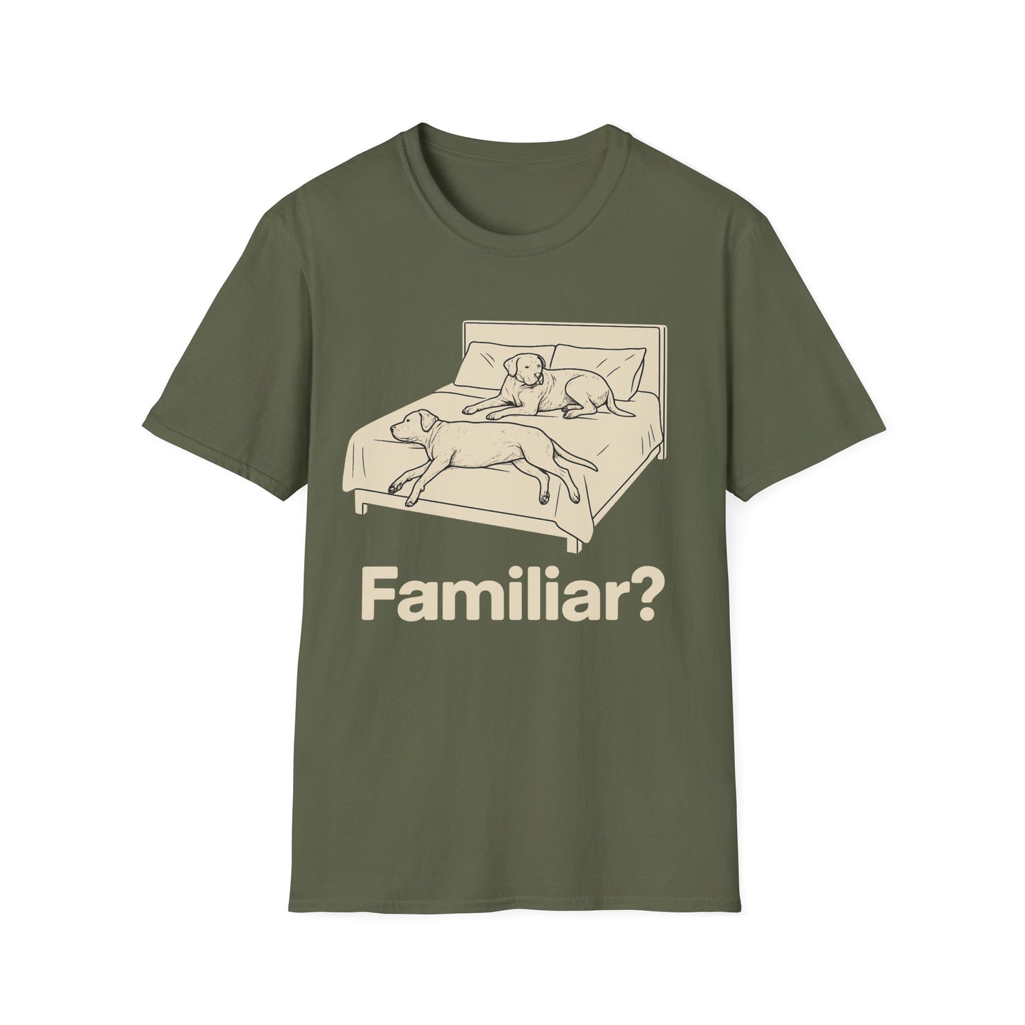 Familiar? T-Shirt – Funny Dog Bed Takeover Tee for Dog Lovers, Couples, Rescue Dog Owners, Adult Unisex T-Shirt