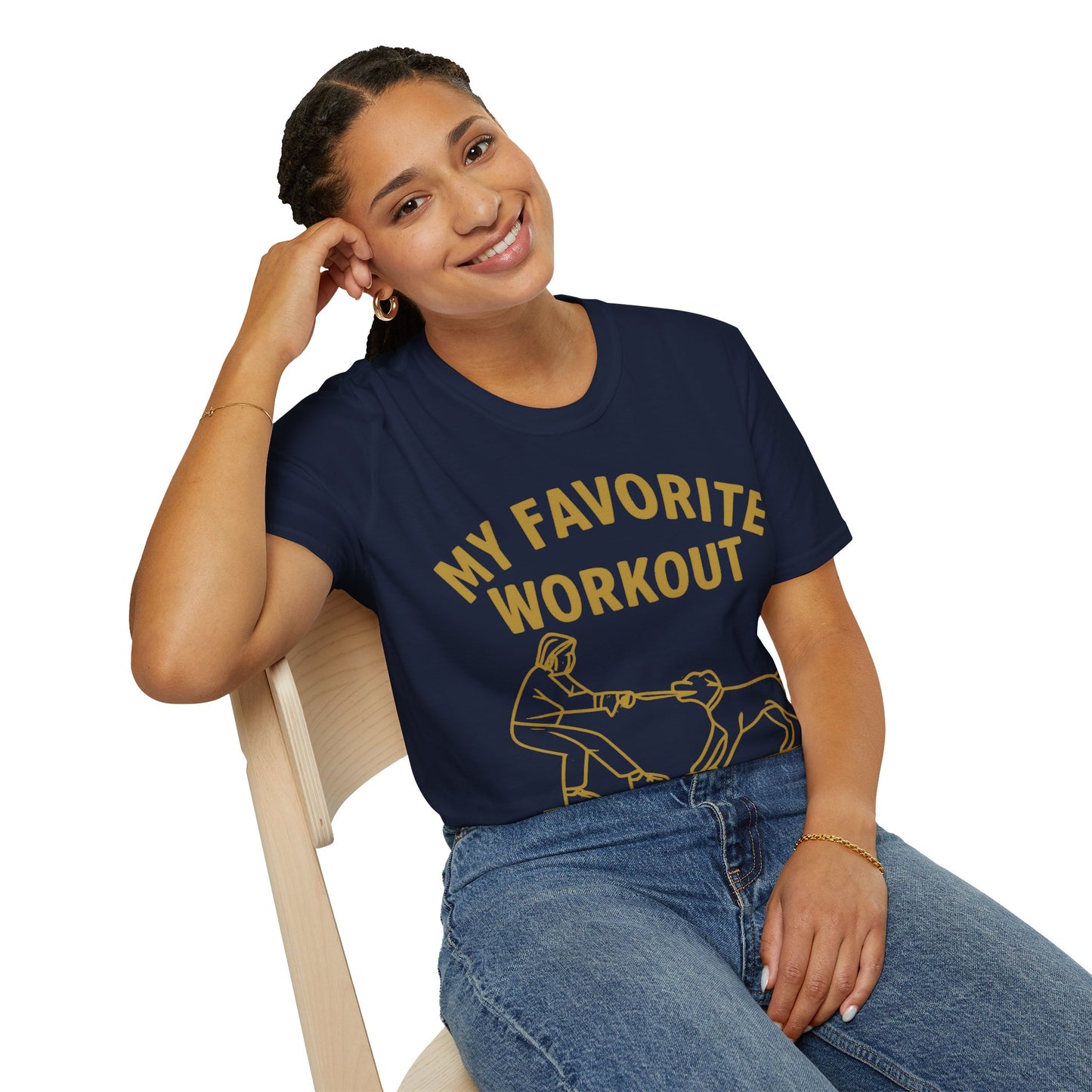 My Favorite Workout Tug-of-War Dog T-Shirt – Funny Dog Mom Tee – Gildan 64000 Unisex T-Shirt – Vintage Cream Print – Rescue Dog Lover Gift, Adult Unisex T-Shirt
