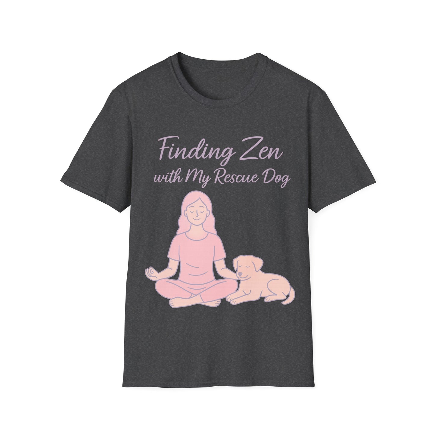 Finding Zen with My Rescue Dog – Calm Dog Mom Shirt in Blush Pink Lettering | Mental Health Rescue Tee, Adult Unisex T-Shirt